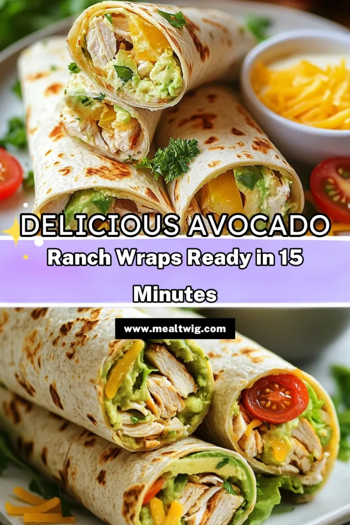 Discover the deliciousness of Avocado Ranch Chicken Wraps! This healthy chicken wraps recipe is perfect for a quick meal or snack, featuring easy tortilla wraps filled with shredded chicken, creamy avocado, and zesty ranch dressing. Using fresh ingredients like cherry tomatoes and lettuce, these avocado chicken wraps are both satisfying and nutritious. Try this recipe today and enjoy a meal that’s both tasty and simple! Save for later! #HealthyRecipes #ChickenWraps #AvocadoRecipes #TortillaWraps