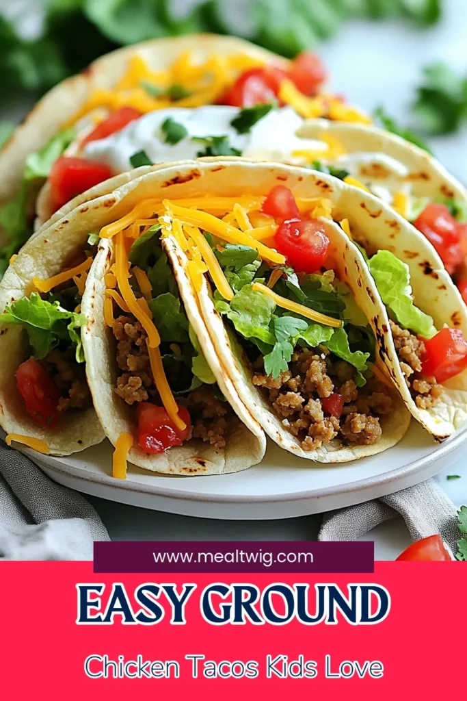 Discover the perfect easy chicken taco recipe with these kid-friendly ground chicken tacos! Packed with flavor and nutrition, this quick dinner idea features a delicious ground chicken taco filling that your children will love. In just 30 minutes, you can whip up healthy taco recipes for kids that are fun to assemble and even more fun to eat. Make mealtime exciting and save this recipe for your next family dinner! #KidFriendlyTacos #EasyDinnerIdeas #HealthyKidsMeals #QuickTacoRecipe