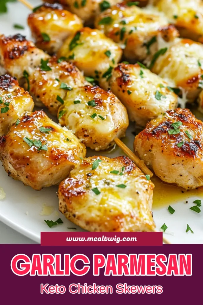 Savor the flavor with these Keto Chicken Skewers with Garlic Parmesan! Perfect for anyone craving delicious low-carb chicken skewers, this grilled chicken skewers recipe is both easy and satisfying. Marinated in garlic and herbs, these juicy bites are topped with melted Parmesan for a delectable twist. Try this easy keto recipe for your next meal. Pin it now and impress your friends! #KetoChickenSkewers #GarlicParmesanChicken #LowCarbRecipes #EasyKetoRecipes
