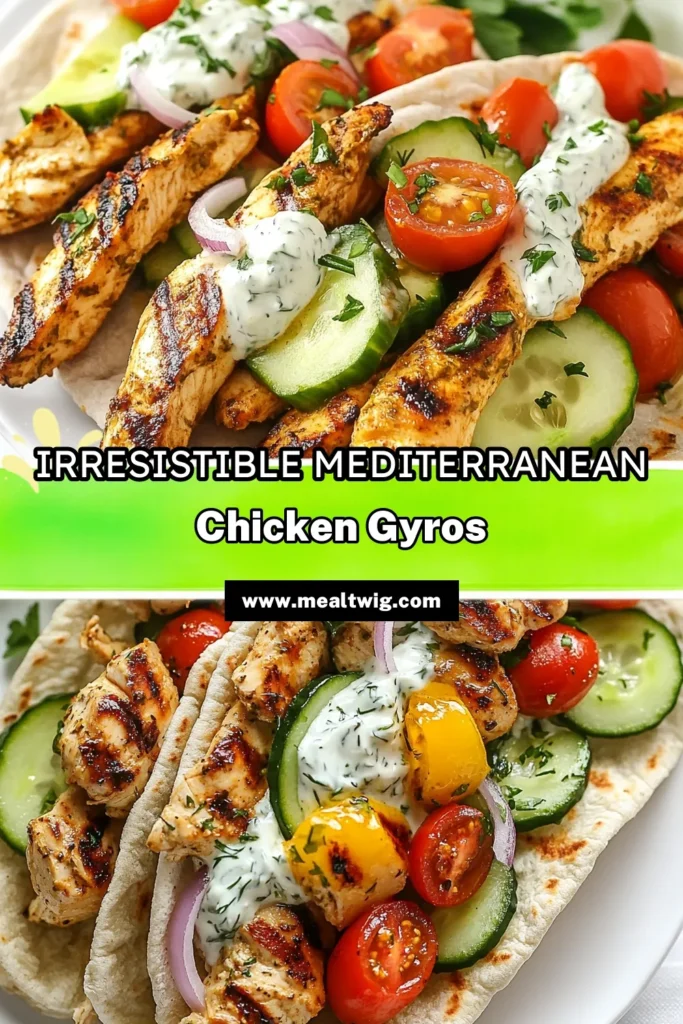 Savor the flavors of the Mediterranean with these delicious Mediterranean chicken gyros, an easy gyro recipe that’s perfect for any meal. Juicy grilled chicken gyros are paired with a creamy homemade tzatziki sauce and fresh veggies, all wrapped in healthy pita wraps. This recipe is both nutritious and satisfying. Try it today and elevate your everyday meals! Save now for a taste of the Mediterranean! #MediterraneanChickenGyros #EasyGyroRecipe #HomemadeTzatziki #HealthyPitaWraps