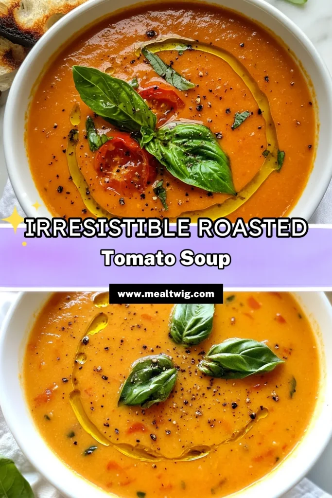 Discover the deliciousness of roasted tomato basil soup with this easy soup recipe! This homemade tomato soup recipe is packed with flavor and healthy ingredients. Made from roasted tomatoes, fresh basil, and a hint of balsamic, this creamy tomato basil soup is perfect for any occasion. Warm up with this rich and comforting dish today! Save this recipe and savor every spoonful! #TomatoBasilSoup #EasySoupRecipes #HealthyTomatoSoup #CreamySoup