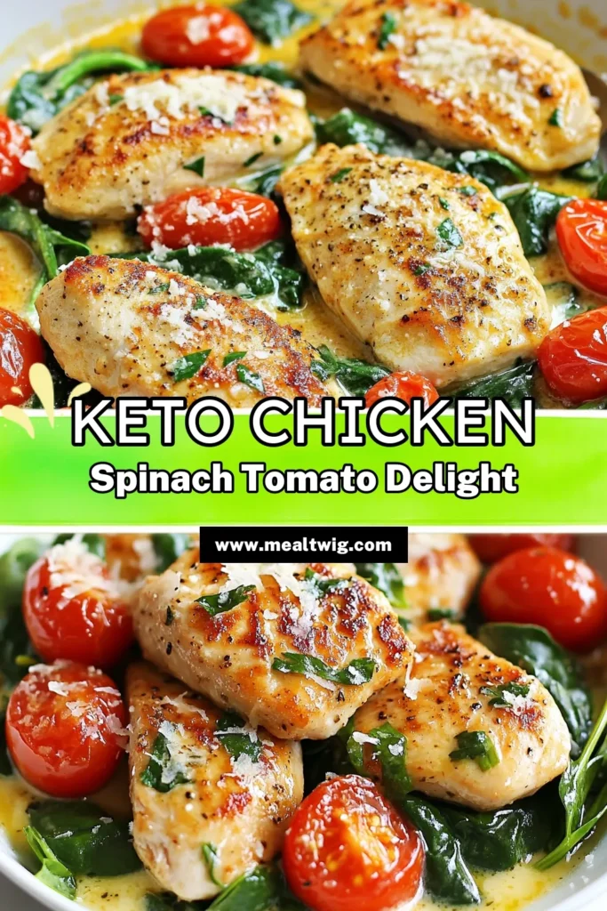 Indulge in this delicious Keto Chicken Spinach Tomato Skillet that’s perfect for your low-carb lifestyle! This Spinach Tomato Skillet Recipe combines tender chicken, fresh spinach, and juicy tomatoes in a creamy sauce, creating a comforting and easy Keto Dinner Recipe. Ideal for busy nights, this Low Carb Chicken Dish is ready in just 25 minutes. Save this recipe for a nutritious weeknight meal! #KetoChickenSkillet #LowCarbRecipes #EasyKetoDinner #HealthyEating