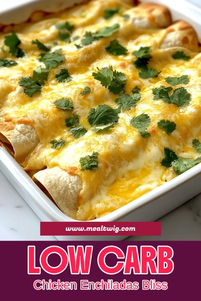 Discover delicious low carb chicken enchiladas that are perfect for your healthy eating plan! This easy keto enchiladas recipe features creamy chicken wrapped in almond flour tortillas, making it a fantastic option for low carb recipes. With just a handful of ingredients, you can whip up these healthy chicken enchiladas in no time. Save this recipe for your next meal prep! #LowCarbRecipes #KetoEnchiladas #HealthyEating #AlmondFlourTortillas