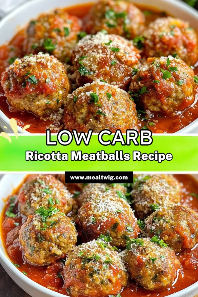 Enjoy these delicious Low Carb Ricotta Meatballs, a perfect Healthy Meatball Recipe for anyone following a keto lifestyle. Made with ricotta cheese, ground beef (or turkey), and seasoned to perfection, these keto meatballs are served with sugar-free marinara for a guilt-free meal. Easy to make and packed with flavor, they're a hit for everyone! Save this recipe today for a quick weeknight dinner! #LowCarbMeatballs #RicottaCheeseMeatballs #HealthyRecipes #KetoMeatballs