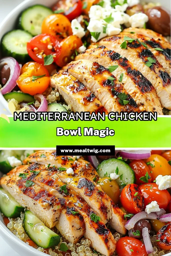 Indulge in these delicious Greek chicken bowls, the perfect Mediterranean chicken recipe for a healthy meal! Packed with grilled chicken, quinoa, fresh veggies, and crumbled feta cheese salad, this healthy quinoa bowl is a satisfying choice for any day. Enjoy the flavors of a grilled chicken Mediterranean salad that's easy to make. Try this recipe today and elevate your dinner! Save it for later! #GreekChickenBowls #MediterraneanRecipe #HealthyEating #FetaCheeseSalad