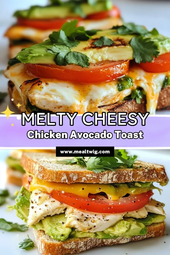 Savor the deliciousness of this Cheesy Chicken Avocado Melt, the perfect blend of flavors in an easy chicken dinner recipe. With tender chicken, creamy avocado, and melted mozzarella on whole grain bread, this baked chicken avocado toast is a wholesome choice for any meal. Enjoy a quick and satisfying mozzarella chicken sandwich tonight! Click to save this avocado chicken recipe for your next family dinner. #CheesyChickenMelt #EasyChickenDinner #AvocadoChickenRecipe #BakedChickenAvocadoToast