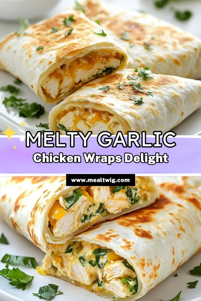 Indulge in these melty garlic chicken wraps, a simple and delicious easy chicken wrap recipe that combines tender shredded chicken and gooey mozzarella wrapped in soft tortillas. Perfect for a quick meal, these homemade garlic wraps are packed with flavor and nutrients. Enjoy them crispy and golden! Save this recipe for a fun dinner idea. #GarlicChickenWraps #MeltyChickenTortilla #MozzarellaChickenWraps #EasyChickenWrapRecipe