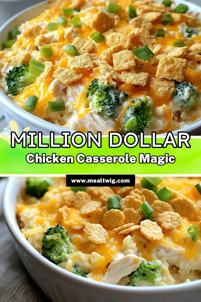 Looking for a delicious and easy chicken dinner? Try this Million Dollar Chicken Casserole! This creamy chicken casserole recipe combines tender chicken, broccoli, and rice topped with a crispy buttery cracker crust. Perfect for family meals, this baked chicken casserole is sure to impress. Enjoy it any night of the week! Save this chicken rice broccoli bake recipe for your next dinner! #ChickenCasserole #EasyDinner #DeliciousRecipes #ComfortFood