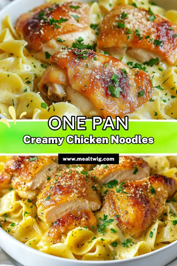Discover this easy one-pan chicken recipe that will elevate your weeknight dinners! This One-Pan Chicken with Creamy Buttered Noodles features succulent chicken thighs with a rich cream sauce, served over garlic butter noodles that everyone will love. Perfect for a quick and satisfying meal, this dish combines simplicity with deliciousness. Make it tonight and enjoy a fuss-free easy chicken dinner! Save for later! #OnePanChicken #CreamyButteredNoodles #ChickenThighs #EasyDinner
