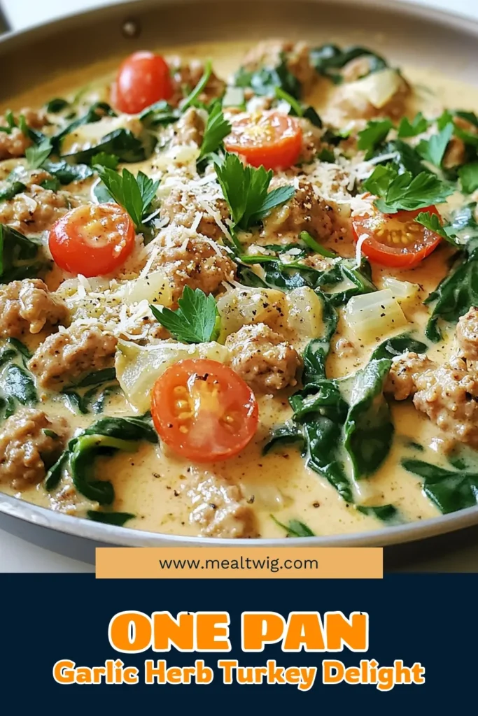 Discover the deliciousness of One Pan Creamy Garlic Herb Turkey, a quick and easy recipe perfect for busy weeknights! With savory ground turkey, fresh spinach, and a creamy sauce, this dish is bursting with flavor and ready in just 30 minutes. Perfect for family dinners or meal prep! Click through for the full recipe and elevate your dinner routine tonight. #OnePanMeal #EasyRecipes #TurkeyDinner #CreamyRecipes