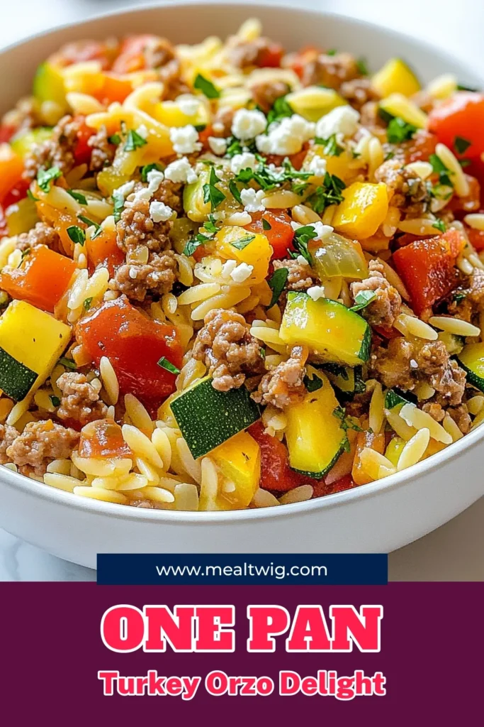Discover the perfect weeknight meal with this delicious ground turkey skillet recipe! This one-pan turkey orzo is a healthy turkey skillet meal that's both quick and satisfying. Packed with veggies and flavorful orzo pasta, it makes an easy dinner recipe with turkey that the whole family will love. Ready in just 30 minutes, elevate your dinner plans and save this recipe for a flavorful night! #GroundTurkeySkillet #OrzoPastaRecipe #HealthyMeals #EasyDinnerRecipes