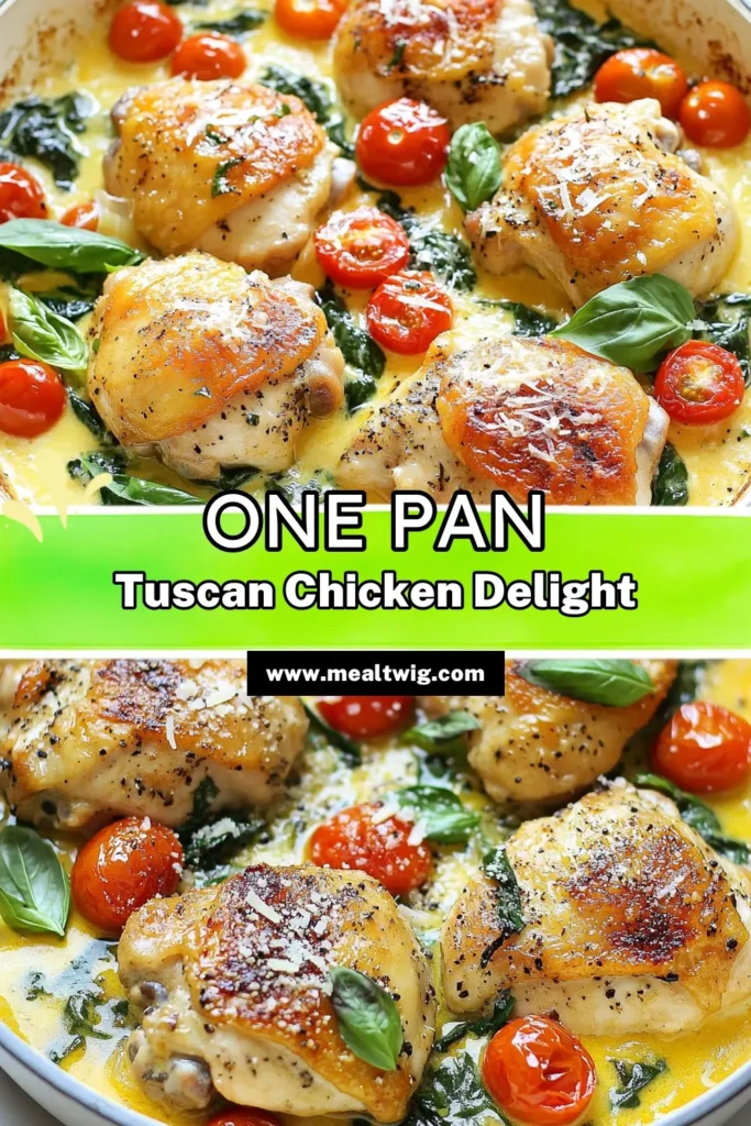 Indulge in this easy Italian chicken recipe with our delightful Tuscan chicken recipe. This one pan chicken dinner features creamy Tuscan chicken thighs simmered with fresh spinach and vibrant cherry tomatoes. It's the perfect skillet chicken with spinach for a weeknight meal or special occasion. Enjoy a flavorful dish that's quick to make! Save this recipe and get ready to impress your family! #TuscanChicken #OnePanDinner #ItalianRecipes #ChickenDinner