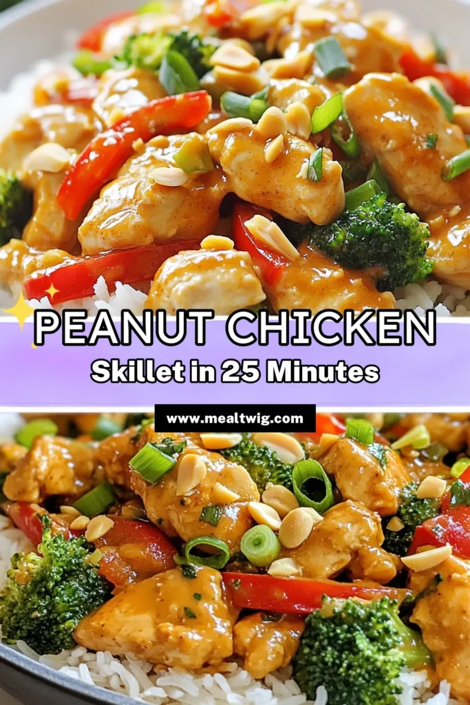 Discover the perfect meal with this delicious peanut chicken skillet! This easy peanut butter chicken combines tender chicken and crisp veggies, making it a fantastic healthy chicken stir fry. In just 25 minutes, you’ll create a flavorful Asian peanut chicken recipe that your family will love. Try this skillet chicken recipe for dinner tonight and enjoy a quick, nutritious meal. Save this recipe for later! #PeanutChickenSkillet #EasyPeanutButterChicken #HealthyChickenStirFry #SkilletChickenRecipes