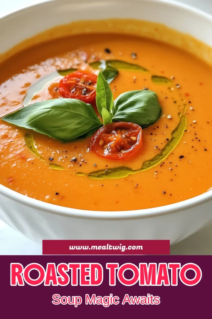 Savor the rich flavors of Roasted Tomato Soup ala Ramsay! This creamy tomato soup recipe is not only easy to make but also a healthy option packed with fresh ingredients. With ripe tomatoes, garlic, and fragrant herbs simmered in vegetable broth, this vegetable broth tomato soup is a must-try. Perfect for cozy evenings. Click to get the full easy tomato soup recipe and bring warmth to your table! #RoastedTomatoSoup #HealthyEating #TomatoSoup #SoupRecipe