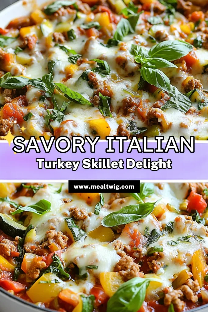 Discover the flavor-packed Italian turkey skillet that transforms ground turkey recipes into a healthy Italian dinner! This easy skillet meal combines fresh veggies, savory spices, and melted cheese for a delicious one-pan turkey dish that’s ready in just 30 minutes. Perfect for busy weeknight dinners, this recipe will become a family favorite. Save it now for a wholesome, satisfying meal you'll love! #HealthyDinner #GroundTurkeyRecipes #OnePanMeals #EasySkilletMeals