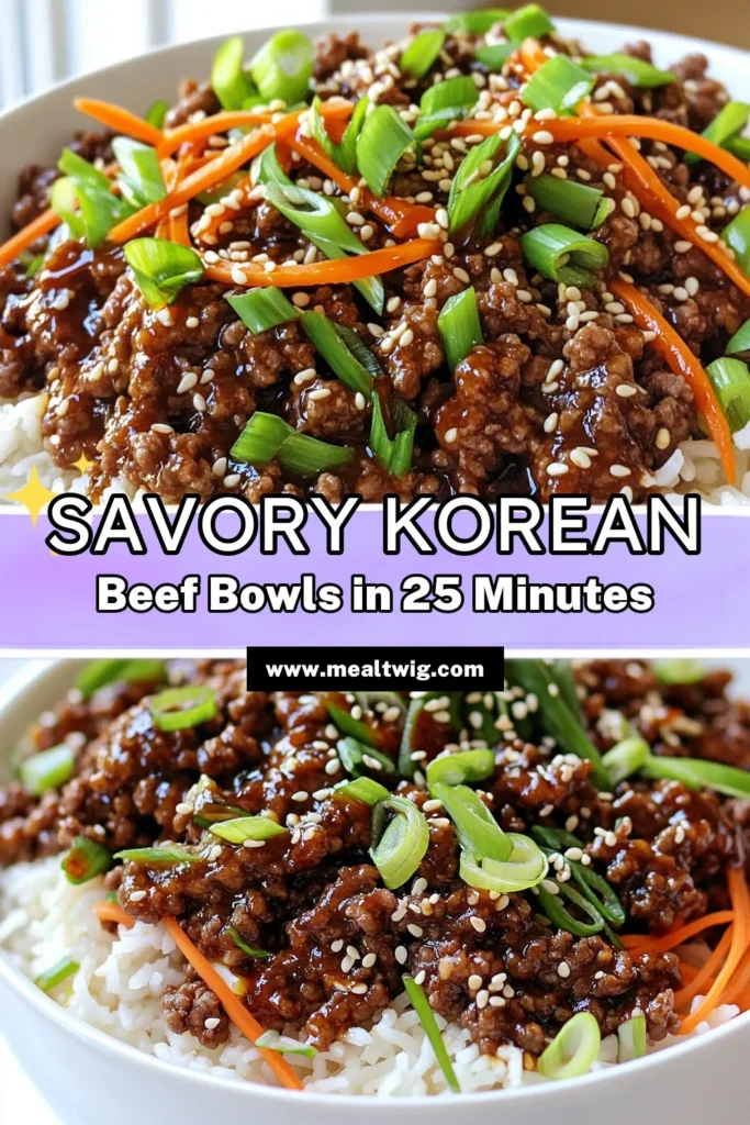 Elevate your dinner with these Korean Beef Bowls with a Twist! This easy recipe features savory ground beef cooked with aromatic garlic, ginger, and gochujang for a flavor explosion. Add colorful veggies and serve over fluffy jasmine rice for a deliciously satisfying meal. Get ready to impress your family! Click through for the full recipe and tips. #KoreanBeef #DinnerInspo #EasyRecipes #ComfortFood