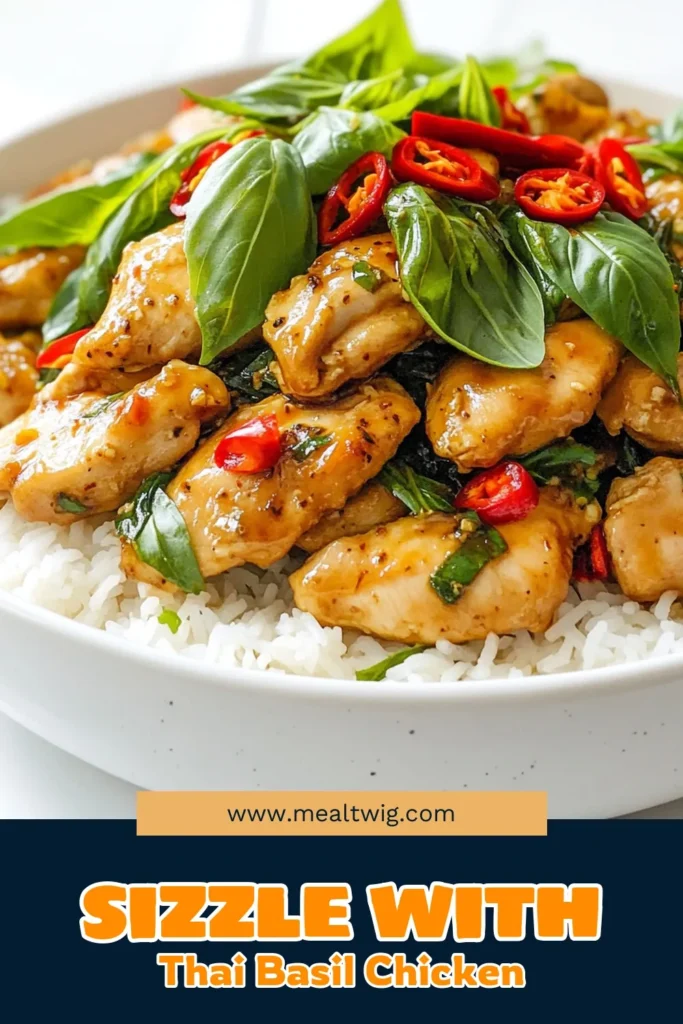 Indulge in the flavors of Thailand with this Sizzling Thai Basil Chicken recipe! This quick and easy dish features tender chicken, aromatic garlic, and vibrant fresh basil, all tossed together in a savory sauce. Perfect over jasmine rice, it’s a delightful meal ready in just 20 minutes. Ready to spice up your dinner routine? Click through for the full recipe and impress your family tonight! #ThaiBasilChicken #QuickRecipes #EasyDinner #FoodieInspiration