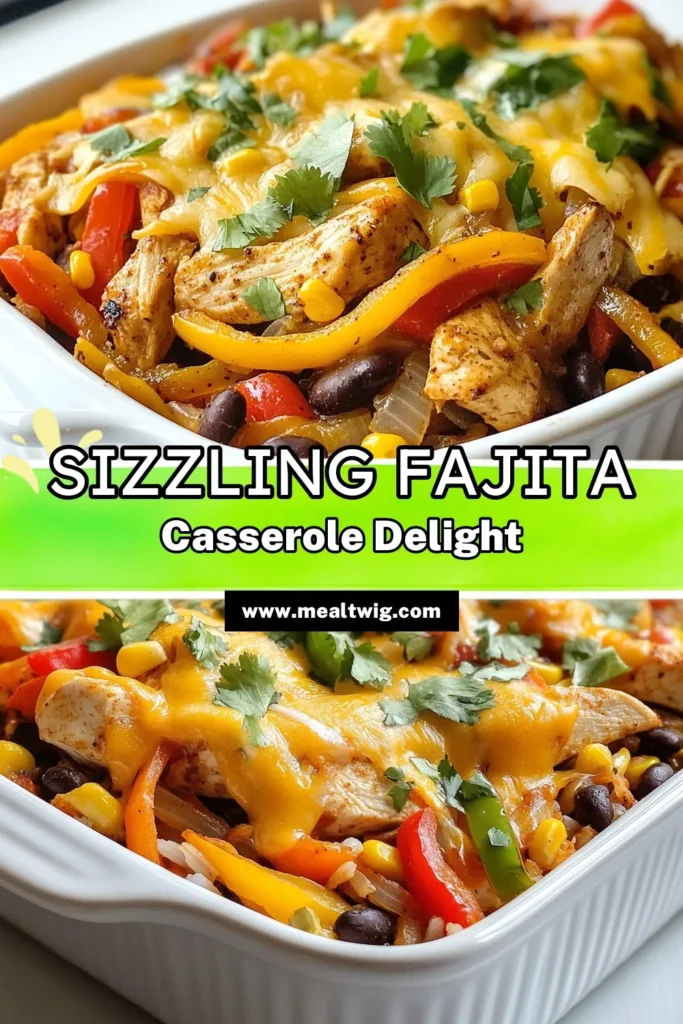 Discover the Sizzling Chicken Fajita Casserole, an easy chicken dinner that will wow your family! This Chicken Fajita Recipe features tender chicken, black beans, corn, and melted cheese all in one pan for a convenient meal. Perfect for busy weeknights, this casserole is a flavor-packed comfort food. Try it tonight and save this recipe for your next culinary adventure! #ChickenFajitaCasserole #EasyDinner #OnePanMeals #CasseroleRecipes