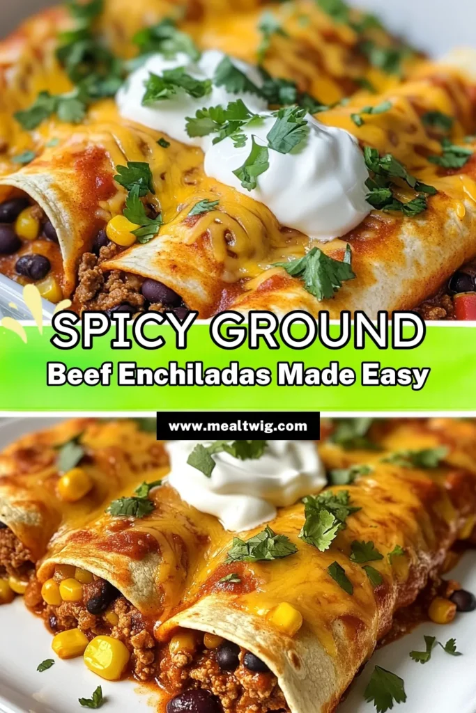 Indulge in these savory ground beef enchiladas that promise a burst of flavor! This spicy enchiladas recipe is perfect for a cozy dinner or a lively gathering. Packed with black beans, corn, and melted cheese, these easy beef enchiladas are a hit for any occasion. Don't miss out on creating this delicious dish - save the recipe now and enjoy a taste of Mexico! #GroundBeefEnchiladas #SpicyEnchiladasRecipe #EasyBeefEnchiladas #SavoryBeefEnchiladas