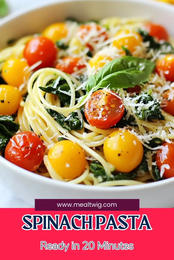 Create a delicious meal in just 20 minutes with this quick spinach pasta recipe! This easy vegetarian pasta dish features healthy spinach spaghetti, sautéed cherry tomatoes, and fragrant garlic for a burst of flavor. Perfect for busy weeknights, this garlic spinach pasta is a nutritious choice. Try this quick spinach pasta recipe today and enjoy a delightful dinner in no time! Save it for later! #QuickSpinachPasta #EasyVegetarianRecipes #HealthyPasta #20MinuteMeals