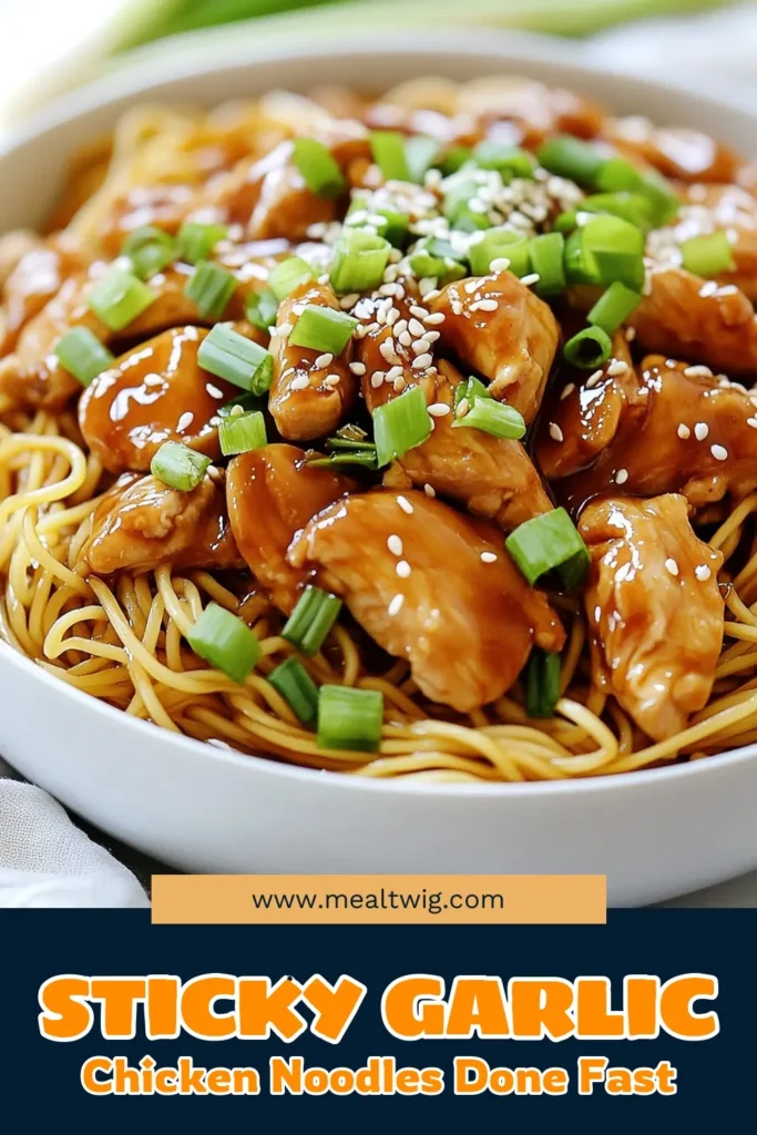 Savor the flavors of this easy chicken noodle recipe with our Sticky Garlic Chicken Noodles. This Asian chicken noodle dish combines tender chicken with garlic ginger chicken noodles for a delicious homemade chicken noodle stir fry that's ready in just 25 minutes. Perfect for a quick weeknight meal! Try it today and impress your family. Save this recipe for your next dinner idea! #ChickenNoodles #EasyDinner #AsianCuisine #NoodleRecipe