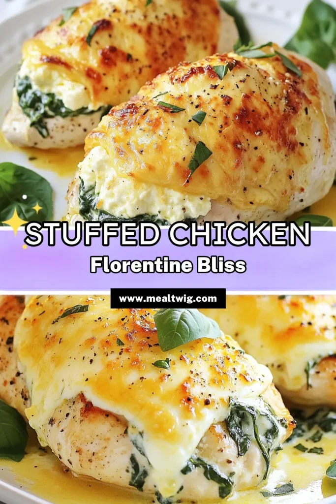 Looking for an easy chicken dinner that's both delicious and impressive? Try this Chicken Florentine recipe, featuring succulent stuffed chicken breasts filled with a savory spinach and ricotta mixture. Baked chicken with cheese gives it a creamy and flavorful twist. Perfect for weeknight meals or special occasions, this dish is sure to delight your family and friends! Save this recipe for your next dinner! #ChickenFlorentine #EasyChickenDinner #StuffedChickenBreasts #BakedChickenWithCheese