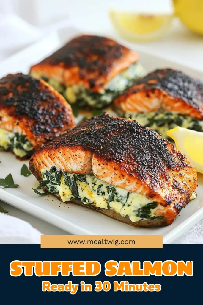 Discover this delicious blackened salmon recipe featuring stuffed salmon with spinach for an easy salmon dinner that packs flavor and nutrition. This dish combines tender salmon fillets with a creamy spinach and cream cheese filling, making it a standout among healthy salmon recipes. Perfect for a quick weeknight meal or entertaining guests, you won’t want to miss this! Save for your next dinner! #BlackenedSalmon #HealthyEating #SalmonRecipes #EasyDinnerIdeas