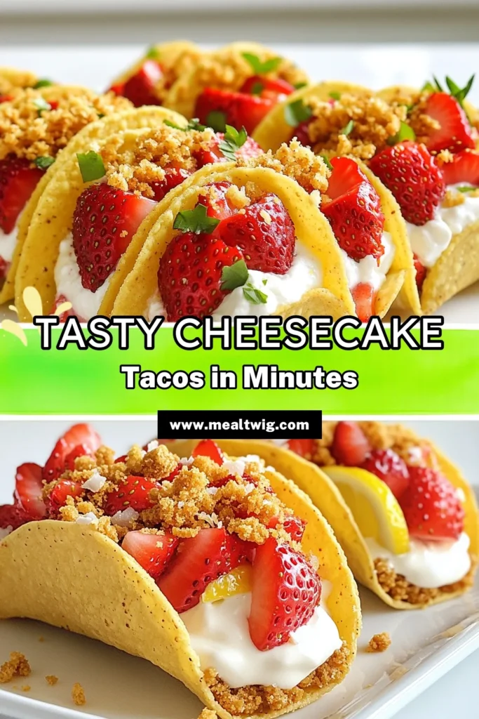 Indulge in these delicious Strawberry Crunch Cheesecake Tacos! This Cheesecake Taco Recipe features a creamy cream cheese taco filling combined with fresh strawberries for a delightful treat. Perfect as a mini tacos dessert, these Strawberry Dessert Recipes are a showstopper for any occasion. Ready in just 40 minutes, they're not just tasty but also fun to make! Save this recipe and enjoy a bite of bliss! #StrawberryDessert #Cheesecake #MiniTacos #DessertRecipes