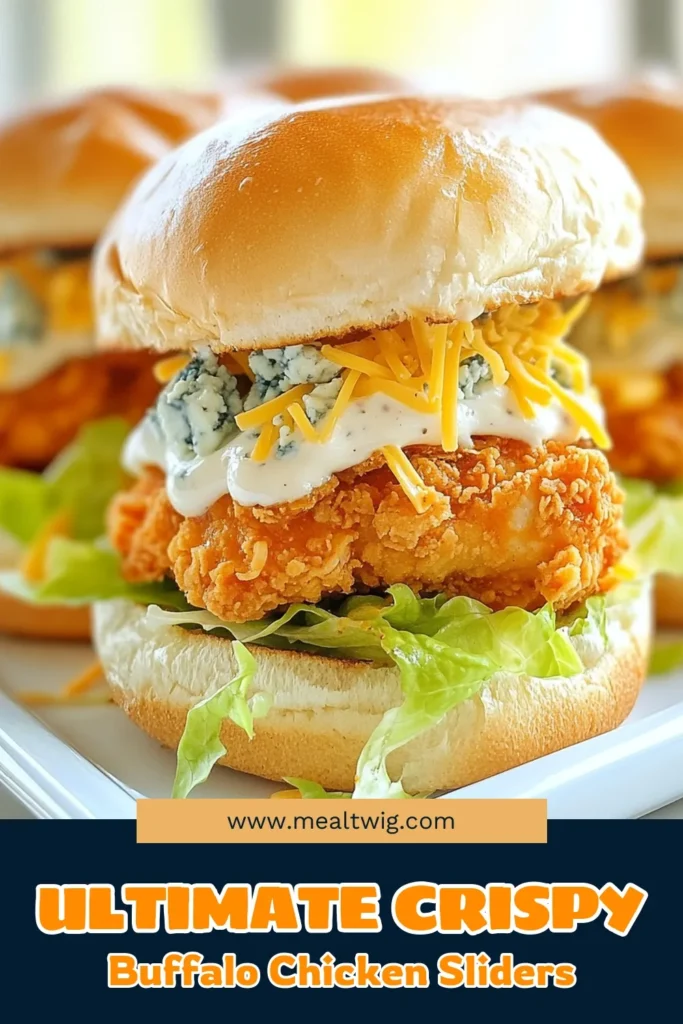 Get ready to spice up your dinner with these Crispy Buffalo Chicken Sliders! This Buffalo Chicken Slider Recipe is the perfect blend of crispy, spicy, and creamy, featuring homemade buffalo sauce sliders topped with fresh lettuce and crumbled blue cheese. Ideal for game day or casual gatherings, these easy chicken sliders are sure to impress. Try this easy slider recipe today! #BuffaloChicken #SliderRecipes #ChickenSliders #BuffaloSauce