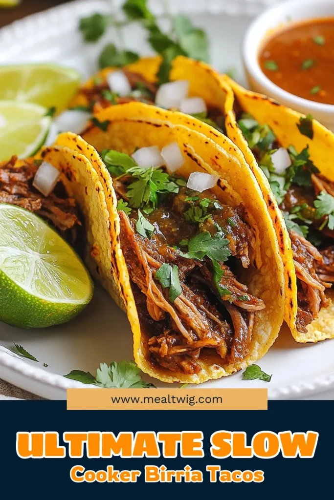 Discover the mouthwatering flavors of Slow Cooker Birria Tacos with this authentic Birria Taco Recipe! These Mexican Birria Tacos are perfect for any occasion, featuring tender, shredded beef marinated in a rich, spicy sauce. Simple to make in your slow cooker, you'll have delicious tacos ready to serve. Don’t miss out on this culinary experience. Save this recipe and bring the taste of Mexico to your kitchen! #BirriaTacos #SlowCookerRecipes #TacoNight #MexicanFood