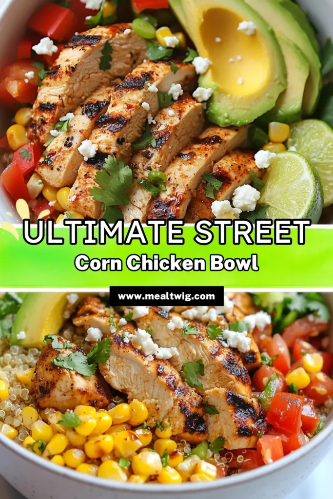 Elevate your meal prep with this delicious Street Corn Chicken Bowl! Featuring tender grilled chicken and sweet corn, this healthy chicken bowl is perfect for lunch or dinner. Packed with protein-rich quinoa and creamy avocado, it's a satisfying dish everyone will love. Explore this quinoa chicken recipe that combines vibrant flavors and nutrition in every bite. Try this avocado feta bowl recipe today and share the goodness! #StreetCornChickenBowl #HealthyChickenBowls #QuinoaChickenRecipes #GrilledChickenAndCornSalad