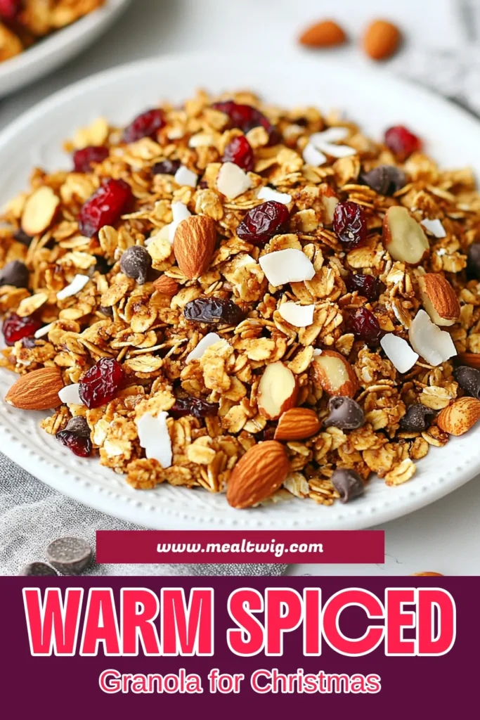 Get ready for the holidays with this delicious Christmas granola recipe! This spiced granola combines rolled oats, homemade granola with nuts like almonds and pecans, and festive flavors like cinnamon and ginger. Perfect as a healthy holiday snack, it's filled with dried cranberries for a sweet twist. Bake up a batch today and enjoy or gift this tasty treat. Save this recipe and share your holiday joy! #ChristmasGranola #SpicedGranola #HealthySnacks #GranolaRecipe
