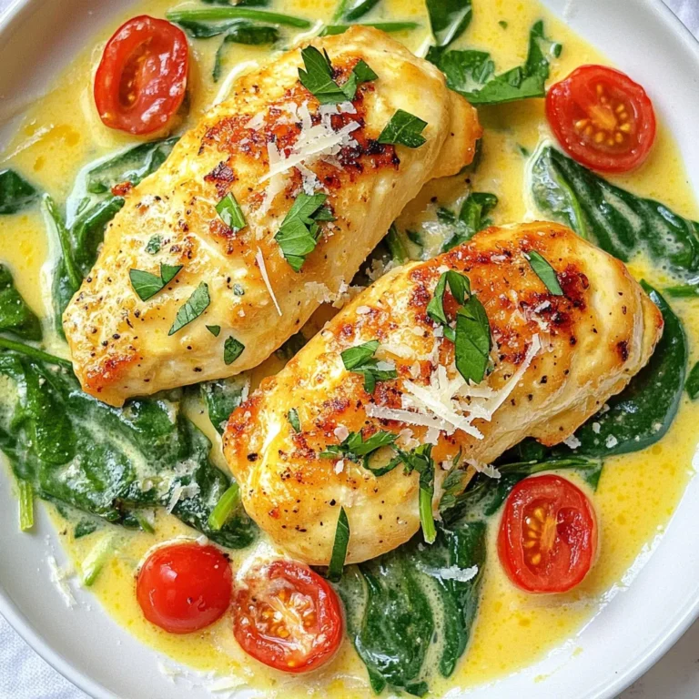 To make Chicken Florentine, you'll need these key ingredients: - 2 boneless, skinless chicken breasts - 2 cups fresh spinach, roughly chopped - 1 cup cherry tomatoes, halved - ½ cup heavy cream - 1 cup chicken broth - 1 tablespoon olive oil - 2 cloves garlic, minced - 1 teaspoon dried oregano - ½ cup grated Parmesan cheese - Salt and pepper to taste These items form the base of your dish. The chicken provides protein, while the spinach adds color and nutrients. Tomatoes give sweetness, and the cream makes it rich. You can boost the taste with these optional ingredients: - ½ teaspoon red pepper flakes - Fresh herbs like basil or parsley Red pepper flakes add heat. Fresh herbs give a bright finish. Feel free to adjust based on your taste. If you don’t have some ingredients, here are simple swaps: - Use chicken thighs instead of breasts for more flavor. - Swap heavy cream for coconut milk for a lighter option. - Use vegetable broth instead of chicken broth for a vegetarian version. These substitutions keep the dish tasty while meeting your needs. Cooking should be fun and flexible! {{ingredient_image_1}} To start, gather your ingredients. You need two boneless, skinless chicken breasts. First, season the chicken with salt, pepper, and oregano. This step adds a lot of flavor. Heat one tablespoon of olive oil in a large skillet over medium heat. Once the oil is hot, add the chicken. Cook each side for about 7-8 minutes until it turns golden brown. Make sure to check that it's fully cooked. When done, remove the chicken from the skillet and set it aside. In the same skillet, add minced garlic. Sauté it for about 30 seconds until it releases a nice aroma. Next, toss in one cup of halved cherry tomatoes. Cook these for about 3-4 minutes until they soften. After that, add two cups of roughly chopped fresh spinach. Cook the spinach just until it wilts, which takes about 2 minutes. Now, pour in one cup of chicken broth and bring it to a gentle simmer. Lower the heat and stir in half a cup of heavy cream. Let this simmer for another 2-3 minutes. Finally, add the cooked chicken back into the skillet, along with half a cup of grated Parmesan cheese. Stir until the cheese melts and everything blends well. Once everything is mixed, taste the sauce. You can add more salt, pepper, or even red pepper flakes to enhance the flavor. For serving, place the chicken on a plate and drizzle it with the creamy sauce. Garnish with extra Parmesan cheese and a sprig of parsley for a pop of color. This dish pairs well with crusty bread or a bed of rice. Enjoy your flavorful Chicken Florentine! To cook chicken that is juicy and tender, start with good quality meat. Choose boneless, skinless chicken breasts for even cooking. Season them well with salt, pepper, and oregano. Heat olive oil in a skillet before adding the chicken. Cook each side for about 7-8 minutes. Use a meat thermometer; chicken should reach 165°F. Let the chicken rest for a few minutes after cooking. This keeps the juices inside, making each bite delicious. If you want a thicker sauce, try a few simple methods. One way is to simmer the sauce longer. This allows the liquid to reduce and thicken. You can also add more cheese. Parmesan cheese melts well and adds creaminess. Another option is to mix a little cornstarch with water. Stir this mixture into the sauce to thicken it quickly. Always taste your sauce as you go, adjusting the flavors to your liking. Pair your Chicken Florentine with sides that enhance its flavors. A simple green salad with a light vinaigrette balances the richness of the dish. Garlic bread is a great choice, perfect for soaking up the creamy sauce. You can also serve it over rice or pasta for a heartier meal. Roasted vegetables add color and nutrients, making your plate look and taste great. Pro Tips Perfectly Cooked Chicken: Use a meat thermometer to ensure the chicken reaches an internal temperature of 165°F (75°C) for best results. Fresh Ingredients: Opt for fresh spinach and ripe cherry tomatoes to enhance the flavor and texture of the dish. Adjust the Creaminess: For a lighter version, substitute half of the heavy cream with Greek yogurt or low-fat sour cream. Flavor Boost: Add a splash of white wine after sautéing the garlic for an additional layer of flavor in the sauce. {{image_2}} You can switch the chicken for other proteins. Try using shrimp or salmon for a twist. Both options cook fast and taste great with the creamy sauce. Just adjust cooking times to keep them juicy. For shrimp, cook for about 3-4 minutes per side. For salmon, aim for 5-6 minutes per side. Each choice brings new flavors while keeping the dish easy. If you want a meatless meal, try a vegetarian version. Use hearty mushrooms or firm tofu instead of chicken. Both options soak up the flavors well. Sauté the mushrooms until they are brown and soft. For tofu, press it first to remove excess moisture, then pan-fry until golden. Add the spinach and sauce just like in the original recipe. It’s still creamy and delicious. Feel free to get creative with sauces and seasonings. Swap the heavy cream for a lighter option like Greek yogurt. This gives a tangy flavor while cutting calories. You can also play with herbs; try thyme or basil for a twist. Adding lemon zest can brighten the dish. For a spicy kick, add more red pepper flakes or a dash of hot sauce. These small changes keep the dish fresh and fun! To store Chicken Florentine, let it cool first. Place it in an airtight container. This helps keep it fresh. You can store it in the fridge for up to three days. Make sure the lid fits tightly to avoid leaks and odors. When reheating Chicken Florentine, use the stovetop for best results. Heat it in a skillet on low heat. Stir often to warm it evenly. You can add a splash of chicken broth or cream. This will keep the sauce creamy instead of dry. If you use a microwave, cover it with a damp paper towel. This helps prevent it from drying out. You can freeze Chicken Florentine for up to three months. First, let it cool completely. Then, place it in a freezer-safe container. Make sure to leave space for expansion. When ready to eat, thaw it in the fridge overnight. Reheat it slowly on the stovetop for the best texture. Enjoy your meal later without losing flavor! Chicken Florentine is a creamy dish featuring chicken and spinach. It often has garlic, tomatoes, and cheese. The dish gets its name from Florence, Italy, where spinach is a common ingredient. The rich sauce adds flavor and keeps the chicken moist. Yes, you can make Chicken Florentine ahead of time. Cook the chicken and sauce, then store them separately. Keep them in the fridge for up to two days. When you're ready to eat, reheat gently on the stove. Chicken Florentine pairs well with many sides. Here are some ideas: - Crusty bread for dipping - Rice to soak up the sauce - Pasta for a heartier meal - A fresh salad for a light touch These options will enhance your meal and balance the rich flavors. Enjoy! In this blog post, we explored Chicken Florentine, its key ingredients, and how to prepare it. You learned about optional flavors and ingredient swaps. I shared tips for cooking juicy chicken and making a thick sauce. You also saw variations with different proteins and vegetarian options. As you make this dish, remember that practice helps you improve. Experiment with flavors and enjoy the process. Chicken Florentine can be a delightful meal for any occasion. Happy cooking!