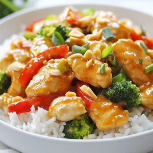 For the Peanut Chicken Skillet, you need the following main items: - 1 lb (450g) chicken breast, cut into bite-sized pieces - 2 tablespoons peanut oil - 1 medium onion, diced - 3 cloves garlic, minced - 1-inch piece of ginger, grated - 1 red bell pepper, sliced - 1 cup broccoli florets - ½ cup unsweetened peanut butter You’ll also need some pantry staples to create the sauce: - 2 tablespoons soy sauce - 1 tablespoon honey - 1 tablespoon rice vinegar - 1 teaspoon sriracha (adjust to taste) - ¼ cup chicken broth or water To make your dish pop, add these garnishes: - 4 green onions, sliced - Crushed peanuts By gathering these ingredients, you set the stage for a tasty meal. Each item plays a key role in building flavor and texture. Whether you’re a novice or a pro, this recipe can shine with fresh ingredients and a few pantry staples. {{ingredient_image_1}} First, gather your ingredients. You need chicken, peanut oil, onion, garlic, ginger, bell pepper, broccoli, peanut butter, soy sauce, honey, rice vinegar, sriracha, chicken broth, green onions, and crushed peanuts. 1. Heat the Oil: In a large skillet, heat 2 tablespoons of peanut oil over medium heat. 2. Cook the Chicken: Add 1 pound of chicken breast pieces. Sauté for about 5-7 minutes. Cook until the chicken is browned and no longer pink. Remove the chicken and set it aside. 3. Sauté Vegetables: In the same skillet, add 1 diced onion, 3 minced garlic cloves, and 1-inch grated ginger. Cook for 2-3 minutes until the onion turns clear. 4. Add Peppers and Broccoli: Toss in 1 sliced red bell pepper and 1 cup of broccoli florets. Cook for about 5 minutes. Stir often until the veggies stay crisp but tender. - Heating oil: 1 minute or until hot. - Cooking chicken: 5-7 minutes. - Sautéing onion, garlic, and ginger: 2-3 minutes. - Cooking peppers and broccoli: 5 minutes. - Preparing the sauce: 2 minutes. - Combining all ingredients: 2-3 minutes. Total cooking time is about 25 minutes, making this dish quick and enjoyable. - Cut chicken into small, uniform pieces. This helps them cook evenly. - Do not overcrowd the skillet. Cook in batches if needed. - Make sure the skillet is hot before adding the chicken. This gives a nice sear. - Let the chicken rest after cooking. This keeps it juicy and tender. - Always check that the chicken is cooked through, with no pink inside. To make your peanut chicken skillet shine, focus on fresh ingredients. Use ripe veggies like red bell peppers and crunchy broccoli. They add color and taste. A great tip is to sauté your garlic and ginger until fragrant before adding anything else. This step brings out their flavor. Don't forget the peanut butter! Choose a creamy, unsweetened type for the best sauce. One common mistake is overcooking the chicken. Cook just until it's no longer pink. This keeps it juicy. Also, avoid adding too much liquid to your sauce. If it’s too thin, it won’t coat the dish well. Lastly, don’t skip the garnishes! Sliced green onions and crushed peanuts give your dish a nice crunch. Adjusting the spice level is easy. Start with a small amount of sriracha, then taste. If you want more heat, add a bit more. You can also mix in red pepper flakes for a different flavor. If you prefer milder dishes, skip the sriracha. The sweet honey balances flavors nicely, making it a perfect dish for all tastes. Pro Tips Perfectly Cooked Chicken: Ensure that the chicken is cut into uniform pieces for even cooking. Use a meat thermometer to check for a safe internal temperature of 165°F (74°C). Vegetable Crunch: To maintain the vibrant color and crunch of the vegetables, avoid overcooking them. Aim for a tender but crisp texture. Customizing the Spice Level: Adjust the amount of sriracha according to your heat preference. Start with less and add more as needed to avoid overpowering the dish. Garnishing for Flavor: Don't skip the garnishes! Sliced green onions and crushed peanuts not only add flavor but also enhance the visual appeal of the dish. {{image_2}} You can change the chicken for shrimp or tofu. Both add unique tastes. If you want a kick, use spicy peanut butter. You can also swap the veggies. Try snap peas or carrots. Each change brings a new twist. To make this dish vegetarian, replace chicken with firm tofu. Just cube the tofu and sauté it as you would the chicken. For a vegan option, use maple syrup instead of honey. This keeps the dish sweet and tasty without animal products. Peanut butter is great, but you can use almond or cashew butter too. Each nut gives a different flavor. For sauces, try tahini or sunbutter for a nut-free version. Mix up the sauces to keep the meal exciting every time you cook it. To keep your peanut chicken skillet fresh, let it cool first. Transfer the leftovers to an airtight container. It will stay good in the fridge for up to three days. Make sure to store the rice or quinoa separately to avoid sogginess. When you're ready to eat, heat the leftovers in a skillet over medium heat. Stir occasionally to ensure even warming. If it's too thick, add a splash of chicken broth or water. This helps bring back the dish’s creamy texture. You can freeze the peanut chicken skillet for later. Place it in a freezer-safe container. It lasts about two months in the freezer. To reheat, thaw it overnight in the fridge, then follow the reheating tips above for best results. Yes, you can use frozen chicken. However, it’s best to thaw it first. When thawed, the chicken cooks better and tastes great. To thaw chicken, place it in the fridge overnight or use the microwave's defrost setting. This method helps keep your chicken juicy and tender. You can serve this dish with cooked jasmine rice or quinoa. Both options soak up the peanut sauce well. For added crunch, consider a side of fresh salad or steamed veggies. You can also pair it with warm naan or whole wheat wraps for a fun twist. To make the recipe low-carb, skip the rice or quinoa. Instead, serve it over a bed of zucchini noodles or cauliflower rice. These options are low in carbs but still yummy. You can also increase the amount of veggies like broccoli and bell peppers for added fiber and nutrients. This blog post explored the Peanut Chicken Skillet, detailing its key ingredients and cooking steps. We discussed tips for perfecting flavor and avoiding common mistakes. You learned how to customize this dish and substitute ingredients for different tastes. I also shared storage tips to keep leftovers fresh. In my final thoughts, this recipe is versatile and easy to make. Enjoy trying new flavors and sharing them with others!