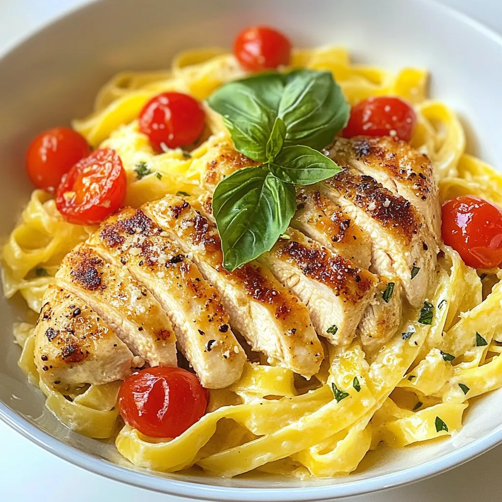 Let's talk about the key ingredients for Simple Marry Me Chicken Pasta. These items make the dish rich and tasty. - Chicken: 2 boneless and skinless chicken breasts - Essential Cooking Oils and Seasonings: 2 tablespoons olive oil, 1 teaspoon Italian seasoning, salt, and pepper - Aromatics: 3 cloves garlic, minced - Fresh Produce: 1 cup cherry tomatoes, halved - Creamy Ingredients: 1 cup heavy cream, 1 cup grated Parmesan cheese - Pasta: 8 ounces fettuccine or spaghetti - Garnish: Fresh basil for serving Each ingredient plays a big role. The chicken gives protein, and the cream adds richness. The garlic and cherry tomatoes bring flavor and color. Fettuccine or spaghetti makes it fun to eat. Using fresh basil as a garnish brightens the dish. The best part? You can find all these ingredients at your local store. Keep them handy for a quick and yummy meal! {{ingredient_image_1}} Start by boiling salted water in a large pot. Add your fettuccine or spaghetti and cook it until it is al dente. This usually takes about 8-10 minutes, but check your package for exact timing. Once the pasta is done, save 1/2 cup of the pasta water. Drain the pasta and set it aside. While the pasta cooks, season your chicken breasts with salt, pepper, and Italian seasoning. Heat 2 tablespoons of olive oil in a large skillet over medium-high heat. Add the chicken to the skillet and cook it for about 6-7 minutes per side. Look for a golden brown color and ensure it's cooked through. After cooking, take it out of the skillet and let it rest for a few minutes. Slice the chicken and set it aside for later. In the same skillet, add 3 minced cloves of garlic. Sauté them for about 1 minute until they smell great. Then, add 1 cup of halved cherry tomatoes. Cook them for another 3-4 minutes until they soften. Lower the heat and pour in 1 cup of heavy cream. Stir well and gradually add 1 cup of grated Parmesan cheese. Mix it until the sauce thickens, which should take about 3-4 minutes. If the sauce gets too thick, add a splash of the reserved pasta water. Next, add the drained pasta to the skillet with the cream sauce. Toss everything together so the pasta gets fully coated. Place the sliced chicken on top of the pasta. For a bright finish, garnish with fresh basil before serving. Enjoy your meal! How to ensure chicken stays juicy: To keep chicken moist, do not overcook it. Use a meat thermometer. Cook chicken to 165°F. Let it rest after cooking. This helps the juices stay inside. Tips for cooking pasta perfectly: Always salt your water. This adds flavor to the pasta. Cook pasta until al dente, which means firm to the bite. Reserve some pasta water before draining. This water helps the sauce stick. Suggestions for additional herbs or spices: You can add fresh thyme or oregano for extra flavor. A pinch of red pepper flakes gives a nice kick. Fresh herbs boost taste and make the dish look great. How to adjust creaminess of the sauce: If you want a creamier sauce, add more heavy cream. Stir in some reserved pasta water if it gets too thick. This helps create a smooth, rich sauce that coats the pasta well. Pro Tips Use Fresh Ingredients: Fresh garlic and ripe cherry tomatoes will enhance the flavor of your dish significantly. Opt for high-quality Parmesan for a richer taste. Perfectly Cooked Pasta: Always cook your pasta al dente. It will continue to cook slightly when you combine it with the sauce, ensuring it doesn’t become mushy. Adjust the Creaminess: If the sauce is too thick, gradually add the reserved pasta water until you achieve your desired consistency. This will help the sauce cling better to the pasta. Garnish Smartly: A sprinkle of extra Parmesan and a few fresh basil leaves not only add flavor but also make your dish visually appealing. Consider a drizzle of olive oil for an extra touch. {{image_2}} You can switch up the protein in Marry Me Chicken Pasta. If you want a lighter option, try shrimp. Cook the shrimp just like the chicken. Sauté it in olive oil and season it. You’ll get a nice, tender bite. For a vegan twist, use plant-based ingredients. Replace chicken with tofu or chickpeas. They soak up flavors well. You can still keep the creamy sauce by using coconut cream instead of heavy cream. This version is just as rich but plant-friendly. Want to spice things up? Add sun-dried tomatoes or fresh spinach to your sauce. Just toss them in with the garlic and tomatoes. The sun-dried tomatoes add a sweet, tangy taste. Spinach gives a nice pop of color and nutrition. If you like heat, add red pepper flakes. Just a pinch can elevate the dish. You can also use hot sauce for a different kick. Adjust the spice level to match your taste. These changes can make your meal exciting and new each time you make it! To keep your Marry Me Chicken Pasta fresh, store it in an airtight container. Make sure it cools down to room temperature first. Refrigerate it within two hours of cooking. This will keep it safe to eat for up to three days. When you’re ready to eat, simply reheat it in a skillet over medium heat. Add a splash of water or extra cream to keep it moist. Stir often until it’s heated through. You can also use the microwave. Heat it on medium power for two to three minutes. Stir halfway through for even heating. If you want to save some for later, freezing is a great option. First, let the pasta cool completely. Then, divide it into single servings. Place each serving in a freezer-safe bag or container. Make sure to squeeze out as much air as possible. Label the bags with the date. Marry Me Chicken Pasta can be frozen for up to three months. To thaw, place it in the fridge overnight. Reheat it gently in a skillet, adding a bit of water or cream if needed. Enjoy your meal without the extra work! Yes, you can use other types of pasta. Fettuccine and spaghetti are great, but you have options. Here are some good alternatives: - Penne: This tube-shaped pasta holds sauce well. - Farfalle: Also known as bow-tie pasta, it adds a fun shape. - Linguine: A flat pasta that works nicely with the creamy sauce. Feel free to choose what you like best. Each type will give a unique twist to the dish. Making this dish gluten-free is easy. You can swap regular pasta with gluten-free pasta. Here are some options: - Brown rice pasta: It has a similar texture and taste. - Quinoa pasta: It offers a nutty flavor and is very healthy. - Chickpea pasta: This adds protein and fiber to your meal. Check the package instructions for cooking times. Gluten-free pasta may cook differently than regular pasta. Yes! To make Marry Me Chicken Pasta dairy-free, simply replace dairy ingredients. Here are some great options: - Use coconut cream instead of heavy cream: It gives a rich, creamy flavor. - Nutritional yeast can replace Parmesan cheese: It adds a cheesy flavor without dairy. - Look for dairy-free cheese: Many brands offer tasty options for pasta dishes. These swaps will keep your meal creamy and delicious while being dairy-free. This blog post shared a simple and tasty chicken pasta recipe. We covered essential ingredients, like chicken, pasta, and a creamy sauce. You learned step-by-step cooking methods and helpful tips to improve flavor and texture. I also discussed fun variations and storage ideas. Enjoy creating this dish in your kitchen. It’s easy and sure to impress. Happy cooking!