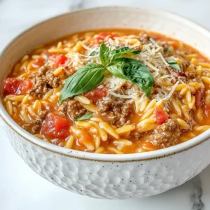 To make this dish, you need the following ingredients: - 1 lb ground beef - 1 cup orzo pasta - 1 can (15 oz) crushed tomatoes - 1 cup heavy cream - 1 medium onion, diced - 2 cloves garlic, minced - 1 teaspoon Italian seasoning - ½ teaspoon red pepper flakes (optional) - Salt and pepper to taste - 2 tablespoons olive oil - Fresh basil leaves for garnish - Grated Parmesan cheese for serving You can swap some ingredients for different flavors: - Use ground turkey instead of beef for a lighter option. - Try a different pasta shape if you don’t have orzo, like penne or macaroni. - Substitute coconut milk for cream for a dairy-free version. - Use fresh tomatoes if you prefer, about 4-5 medium-sized will work. - For herbs, fresh oregano or thyme can replace Italian seasoning. To ensure the best taste, follow these tips: - Choose ground beef that is bright red with minimal fat. - Look for firm, ripe tomatoes without blemishes. - Select heavy cream that is cold and has no lumps. - Pick onions that feel heavy for their size and have dry skins. - Fresh garlic should have a firm bulb and no green shoots. - For basil, look for vibrant green leaves without browning. These ingredient tips help create a tasty Tomato Cream Beef Orzo that you will enjoy! {{ingredient_image_1}} 1. Heat 2 tablespoons of olive oil in a large skillet over medium heat. 2. Add 1 medium diced onion and sauté for 3-4 minutes until it softens. 3. Stir in 2 minced garlic cloves and cook for 1 minute until fragrant. 4. Add 1 pound of ground beef to the skillet. Break it up with a spoon. Cook until browned for about 5-6 minutes. Drain any excess fat if needed. 5. Stir in 1 can (15 oz) of crushed tomatoes, 1 teaspoon of Italian seasoning, and ½ teaspoon of red pepper flakes (if using). Add salt and pepper to taste. Let it simmer for about 10 minutes. 6. While the sauce simmers, bring a large pot of salted water to a boil. Add 1 cup of orzo and cook according to package instructions, usually 8-10 minutes. Drain the orzo and set it aside. 7. Lower the heat and stir in 1 cup of heavy cream into the tomato-beef mixture. Let it warm for 2-3 minutes, stirring occasionally. 8. Mix in the cooked orzo until everything is well combined and heated through. 9. Taste and adjust seasoning if needed. Serve hot with fresh basil leaves and grated Parmesan cheese on top. - When sautéing the onion, keep an eye on it. You want it soft but not brown. - Stir the garlic constantly. It can burn quickly and ruin the dish. - Break the ground beef into small pieces for even cooking. It helps with texture. - Let the sauce simmer without rushing. This lets the flavors come together. - Salt your water for the orzo. It enhances the pasta's flavor. - Avoid boiling the cream. Stir gently to keep it smooth and rich. - Mix the orzo in slowly. It helps distribute the flavors evenly. - Don’t skip draining the fat from the beef. It can make the dish greasy. - Avoid overcooking the orzo. It should be al dente for the best texture. - Don’t rush the simmering step. It’s key for flavor development. - Forgetting to taste and adjust seasoning can lead to blandness. - Skipping the garnish can make the dish less appealing. Fresh basil and cheese add great flavor and color. To make Tomato Cream Beef Orzo truly shine, use fresh herbs. Fresh basil adds a bright taste. Chop it just before serving for the best flavor. You can also add a splash of balsamic vinegar. This little twist brings out the tomato's sweetness. For a hint of heat, sprinkle in red pepper flakes. Adjust the amount to your taste. Remember to season well with salt and pepper. This makes every bite pop! Using the right tools makes cooking easier. A large skillet is key for browning the beef. Choose one with a sturdy base for even heat. A wooden spoon works well for mixing. It helps break up the beef and stir the sauce. Use a pot for boiling the orzo. Make sure it’s large enough so the pasta doesn’t stick. A colander is vital for draining the orzo. Lastly, grab a good knife for chopping. A sharp knife saves time and effort. Serve your dish hot for the best experience. Garnish with fresh basil leaves for color and flavor. Grated Parmesan cheese adds a creamy touch. You can also pair it with crusty bread. This is perfect for soaking up the sauce. A simple side salad balances the richness of the dish. For a fun twist, add a sprinkle of lemon zest. It brightens the flavors and makes it special. Enjoy your comforting meal! Pro Tips Use Fresh Ingredients: Fresh herbs and ripe tomatoes will enhance the flavor profile of your dish significantly. Cook Orzo Perfectly: Make sure to cook the orzo until al dente; it will continue to absorb liquid while mixed with the sauce. Adjust Spice Level: Feel free to modify the amount of red pepper flakes based on your heat preference. Leftovers Storage: Store any leftovers in an airtight container in the fridge for up to 3 days; reheat gently on the stove. {{image_2}} To make a tasty vegetarian version, swap the ground beef for lentils or mushrooms. Use one cup of cooked lentils or two cups of chopped mushrooms. Both options add a nice texture. Keep the rest of the recipe the same. You can still enjoy the creamy tomato sauce and orzo. This change makes the dish rich in plant protein. If you like heat, try adding more red pepper flakes. Start with one teaspoon in the sauce. You can also add diced jalapeños or crushed chili peppers. This will bring a vibrant kick to your meal. Serve with a sprinkle of spicy cheese for extra flavor. The heat balances well with the creamy sauce. You can use various proteins in this dish. Chicken or turkey works great. For chicken, use one pound of cooked and shredded meat. For turkey, choose ground turkey instead of beef. Both options will give you a lighter dish. Adjust the cooking time as needed, but follow the same steps. Each protein brings a unique taste and texture to the creamy tomato orzo. To keep your Tomato Cream Beef Orzo fresh, store it in an airtight container. Let it cool to room temperature before sealing. Place it in the fridge if you plan to eat it within three days. If you want it to last longer, consider freezing it. When you're ready to enjoy your Tomato Cream Beef Orzo again, reheat it in a skillet over medium heat. Add a splash of water or broth to help with moisture. Stir it often to heat evenly. You can also microwave it in short bursts, stirring in between, until hot. To freeze your Tomato Cream Beef Orzo, portion it into freezer-safe bags. Press out the air and seal tightly. This dish can last up to three months in the freezer. When you're ready to eat, thaw it overnight in the fridge. Then, reheat using the skillet method for the best flavor. To make this dish gluten-free, swap orzo pasta for gluten-free orzo. Many stores sell it. You can also use rice, quinoa, or another gluten-free pasta. Just ensure your crushed tomatoes are gluten-free too. This dish pairs well with a fresh salad. A simple green salad with a light vinaigrette works great. You can also serve garlic bread or a warm baguette to soak up the sauce. For a fun twist, offer some roasted vegetables. Yes, you can prepare the dish ahead of time. Make it and let it cool. Store it in an airtight container in the fridge for up to three days. Reheat in a skillet, adding a splash of cream or water to keep it moist. To adjust servings, simply multiply or divide each ingredient by your desired number. For example, if you want to serve eight, double each ingredient. If you want to serve two, halve the amounts. This way, you can always make the right amount for your guests. You learned about making Tomato Cream Beef Orzo, from ingredients to storage tips. Choosing fresh ingredients is key for great taste. Follow the steps to avoid common mistakes when cooking. Don’t forget the variations to suit everyone's taste. With these tips, you'll create a dish that delights all. Enjoy being creative in the kitchen and share your tasty results!