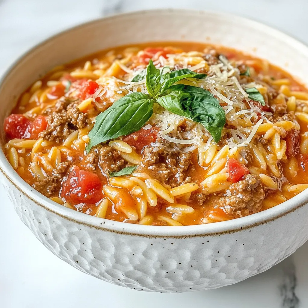 To make this dish, you need the following ingredients: - 1 lb ground beef - 1 cup orzo pasta - 1 can (15 oz) crushed tomatoes - 1 cup heavy cream - 1 medium onion, diced - 2 cloves garlic, minced - 1 teaspoon Italian seasoning - ½ teaspoon red pepper flakes (optional) - Salt and pepper to taste - 2 tablespoons olive oil - Fresh basil leaves for garnish - Grated Parmesan cheese for serving You can swap some ingredients for different flavors: - Use ground turkey instead of beef for a lighter option. - Try a different pasta shape if you don’t have orzo, like penne or macaroni. - Substitute coconut milk for cream for a dairy-free version. - Use fresh tomatoes if you prefer, about 4-5 medium-sized will work. - For herbs, fresh oregano or thyme can replace Italian seasoning. To ensure the best taste, follow these tips: - Choose ground beef that is bright red with minimal fat. - Look for firm, ripe tomatoes without blemishes. - Select heavy cream that is cold and has no lumps. - Pick onions that feel heavy for their size and have dry skins. - Fresh garlic should have a firm bulb and no green shoots. - For basil, look for vibrant green leaves without browning. These ingredient tips help create a tasty Tomato Cream Beef Orzo that you will enjoy! {{ingredient_image_1}} 1. Heat 2 tablespoons of olive oil in a large skillet over medium heat. 2. Add 1 medium diced onion and sauté for 3-4 minutes until it softens. 3. Stir in 2 minced garlic cloves and cook for 1 minute until fragrant. 4. Add 1 pound of ground beef to the skillet. Break it up with a spoon. Cook until browned for about 5-6 minutes. Drain any excess fat if needed. 5. Stir in 1 can (15 oz) of crushed tomatoes, 1 teaspoon of Italian seasoning, and ½ teaspoon of red pepper flakes (if using). Add salt and pepper to taste. Let it simmer for about 10 minutes. 6. While the sauce simmers, bring a large pot of salted water to a boil. Add 1 cup of orzo and cook according to package instructions, usually 8-10 minutes. Drain the orzo and set it aside. 7. Lower the heat and stir in 1 cup of heavy cream into the tomato-beef mixture. Let it warm for 2-3 minutes, stirring occasionally. 8. Mix in the cooked orzo until everything is well combined and heated through. 9. Taste and adjust seasoning if needed. Serve hot with fresh basil leaves and grated Parmesan cheese on top. - When sautéing the onion, keep an eye on it. You want it soft but not brown. - Stir the garlic constantly. It can burn quickly and ruin the dish. - Break the ground beef into small pieces for even cooking. It helps with texture. - Let the sauce simmer without rushing. This lets the flavors come together. - Salt your water for the orzo. It enhances the pasta's flavor. - Avoid boiling the cream. Stir gently to keep it smooth and rich. - Mix the orzo in slowly. It helps distribute the flavors evenly. - Don’t skip draining the fat from the beef. It can make the dish greasy. - Avoid overcooking the orzo. It should be al dente for the best texture. - Don’t rush the simmering step. It’s key for flavor development. - Forgetting to taste and adjust seasoning can lead to blandness. - Skipping the garnish can make the dish less appealing. Fresh basil and cheese add great flavor and color. To make Tomato Cream Beef Orzo truly shine, use fresh herbs. Fresh basil adds a bright taste. Chop it just before serving for the best flavor. You can also add a splash of balsamic vinegar. This little twist brings out the tomato's sweetness. For a hint of heat, sprinkle in red pepper flakes. Adjust the amount to your taste. Remember to season well with salt and pepper. This makes every bite pop! Using the right tools makes cooking easier. A large skillet is key for browning the beef. Choose one with a sturdy base for even heat. A wooden spoon works well for mixing. It helps break up the beef and stir the sauce. Use a pot for boiling the orzo. Make sure it’s large enough so the pasta doesn’t stick. A colander is vital for draining the orzo. Lastly, grab a good knife for chopping. A sharp knife saves time and effort. Serve your dish hot for the best experience. Garnish with fresh basil leaves for color and flavor. Grated Parmesan cheese adds a creamy touch. You can also pair it with crusty bread. This is perfect for soaking up the sauce. A simple side salad balances the richness of the dish. For a fun twist, add a sprinkle of lemon zest. It brightens the flavors and makes it special. Enjoy your comforting meal! Pro Tips Use Fresh Ingredients: Fresh herbs and ripe tomatoes will enhance the flavor profile of your dish significantly. Cook Orzo Perfectly: Make sure to cook the orzo until al dente; it will continue to absorb liquid while mixed with the sauce. Adjust Spice Level: Feel free to modify the amount of red pepper flakes based on your heat preference. Leftovers Storage: Store any leftovers in an airtight container in the fridge for up to 3 days; reheat gently on the stove. {{image_2}} To make a tasty vegetarian version, swap the ground beef for lentils or mushrooms. Use one cup of cooked lentils or two cups of chopped mushrooms. Both options add a nice texture. Keep the rest of the recipe the same. You can still enjoy the creamy tomato sauce and orzo. This change makes the dish rich in plant protein. If you like heat, try adding more red pepper flakes. Start with one teaspoon in the sauce. You can also add diced jalapeños or crushed chili peppers. This will bring a vibrant kick to your meal. Serve with a sprinkle of spicy cheese for extra flavor. The heat balances well with the creamy sauce. You can use various proteins in this dish. Chicken or turkey works great. For chicken, use one pound of cooked and shredded meat. For turkey, choose ground turkey instead of beef. Both options will give you a lighter dish. Adjust the cooking time as needed, but follow the same steps. Each protein brings a unique taste and texture to the creamy tomato orzo. To keep your Tomato Cream Beef Orzo fresh, store it in an airtight container. Let it cool to room temperature before sealing. Place it in the fridge if you plan to eat it within three days. If you want it to last longer, consider freezing it. When you're ready to enjoy your Tomato Cream Beef Orzo again, reheat it in a skillet over medium heat. Add a splash of water or broth to help with moisture. Stir it often to heat evenly. You can also microwave it in short bursts, stirring in between, until hot. To freeze your Tomato Cream Beef Orzo, portion it into freezer-safe bags. Press out the air and seal tightly. This dish can last up to three months in the freezer. When you're ready to eat, thaw it overnight in the fridge. Then, reheat using the skillet method for the best flavor. To make this dish gluten-free, swap orzo pasta for gluten-free orzo. Many stores sell it. You can also use rice, quinoa, or another gluten-free pasta. Just ensure your crushed tomatoes are gluten-free too. This dish pairs well with a fresh salad. A simple green salad with a light vinaigrette works great. You can also serve garlic bread or a warm baguette to soak up the sauce. For a fun twist, offer some roasted vegetables. Yes, you can prepare the dish ahead of time. Make it and let it cool. Store it in an airtight container in the fridge for up to three days. Reheat in a skillet, adding a splash of cream or water to keep it moist. To adjust servings, simply multiply or divide each ingredient by your desired number. For example, if you want to serve eight, double each ingredient. If you want to serve two, halve the amounts. This way, you can always make the right amount for your guests. You learned about making Tomato Cream Beef Orzo, from ingredients to storage tips. Choosing fresh ingredients is key for great taste. Follow the steps to avoid common mistakes when cooking. Don’t forget the variations to suit everyone's taste. With these tips, you'll create a dish that delights all. Enjoy being creative in the kitchen and share your tasty results!