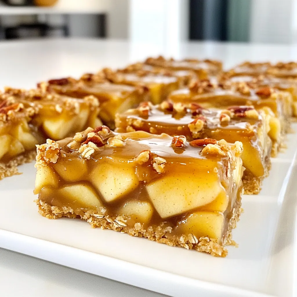 To make Caramel Apple Pie Bars, you need these key ingredients: - 2 cups all-purpose flour - 1/2 cup granulated sugar - 1/4 teaspoon salt - 1 cup unsalted butter, cold and cubed - 1/2 cup brown sugar, packed - 2 cups Granny Smith apples, peeled and diced - 1 teaspoon cinnamon - 1/4 teaspoon nutmeg - 1 tablespoon lemon juice - 1/2 cup caramel sauce (store-bought or homemade) - 1/2 cup rolled oats - 1/4 cup chopped pecans (optional) These ingredients create a sweet, warm flavor that brings the taste of fall to your kitchen. You can change up your bars with these fun additions: - Chopped walnuts instead of pecans - A pinch of ginger for extra spice - A sprinkle of sea salt on top for contrast Feel free to experiment! Each choice adds a new twist to the classic recipe. To ensure your bars turn out great, have these tools ready: - A 9x13-inch baking dish - Parchment paper (for easy removal) - A mixing bowl - A pastry cutter or your hands for mixing Using the right tools makes the process easier and helps you get the best results. Enjoy creating these delicious treats! Start by preheating your oven to 350°F (175°C). This step is key for even baking. While the oven heats, prepare your baking dish. Grease a 9x13-inch dish or line it with parchment paper. This makes it easy to lift out the bars later. In a mixing bowl, whisk together 2 cups of all-purpose flour, 1/2 cup of granulated sugar, and 1/4 teaspoon of salt. Next, add 1 cup of cold, cubed unsalted butter to this mix. You can use a pastry cutter or your fingers to combine. Keep mixing until you get coarse crumbs. Reserve 1 cup of this mixture for the topping. Now, press the rest into the bottom of your prepared dish. Bake it for 15 minutes until it turns lightly golden. While the crust bakes, it’s time to make the apple filling. In a separate bowl, mix 2 cups of peeled and diced Granny Smith apples with 1/2 cup of brown sugar, 1 teaspoon of cinnamon, 1/4 teaspoon of nutmeg, and 1 tablespoon of lemon juice. Stir well to ensure the apples are coated in the sweet spices. Once the crust is ready, remove it from the oven. Spread the apple filling evenly over the hot crust. Drizzle half of the 1/2 cup of caramel sauce over the apples for that rich flavor. Now, take the reserved crumb mixture and stir in 1/2 cup of rolled oats and, if you like, 1/4 cup of chopped pecans. Sprinkle this topping over the apple layer. Bake everything together for another 25-30 minutes. You want the topping to be golden brown and the apples tender. After baking, let the bars cool completely in the dish on a wire rack. Finally, drizzle the remaining caramel sauce over the top before cutting into bars. To get a great crust, use cold butter. The butter should be cubed and chilled. Mix the butter with the flour quickly. This keeps the butter from melting before baking. Don't overmix the dough. You want it crumbly, not smooth. Press the dough gently into the baking dish. This helps it stay thick and tasty. Bake it until it's lightly golden, about 15 minutes. This gives the crust a nice base for the apple filling. For the best apple filling, choose Granny Smith apples. They add great tartness and hold their shape. Peel and dice the apples into small pieces. This helps them cook evenly. Mix the apples with brown sugar, cinnamon, nutmeg, and lemon juice. The lemon juice brightens the flavor. Let the mixture sit for a bit to let the flavors blend. Drizzle half of the caramel sauce over the apples before baking. It adds sweetness and a rich taste. When drizzling caramel, use a squeeze bottle for control. This lets you make thin, even lines. Warm the caramel slightly to make it easier to drizzle. If it’s too thick, it won’t spread well. Drizzle half over the apples before baking and save the rest for later. After baking, drizzle more caramel on top for a sweet finish. This not only tastes great but also looks beautiful on your bars. {{image_2}} You can switch up the crust to fit your needs. A gluten-free crust is easy to make. Just swap regular flour for a gluten-free blend. Or, try a shortbread crust for a rich, buttery taste. Just mix together flour, sugar, and butter. Press it into the pan and bake it as you would the regular crust. Using different types of apples can change the taste. Granny Smith apples give a tart flavor, but you can try others too. Honeycrisp apples add sweetness and crunch. For a soft texture, use Fujis. Mix and match for a unique twist. Each apple brings its own charm to the pie bars. Toppings can add fun flavors and textures. Chopped nuts, like pecans or walnuts, add a nice crunch. For chocolate lovers, sprinkle chocolate chips on top. You can also mix in oats for a chewy texture. Experiment with different toppings to make your bars special. Each topping will elevate your dessert in a new way. To keep your Caramel Apple Pie Bars fresh, first let them cool completely. Once cool, cut them into squares. Place the bars in an airtight container. You can store them at room temperature for up to three days. If you want them to last longer, move them to the fridge, where they can stay fresh for up to a week. Freezing these bars is easy and a great option for later. Wrap each bar in plastic wrap tightly. Place the wrapped bars in a freezer bag or container. They can stay in the freezer for up to three months. When you’re ready to enjoy them, just thaw them overnight in the fridge. To reheat your Caramel Apple Pie Bars, preheat your oven to 350°F (175°C). Place the bars on a baking sheet. Cover them loosely with foil to prevent over-browning. Warm them for about 10-15 minutes. This method keeps them soft and delicious. For a quick microwave option, heat them for about 15-20 seconds, but be careful not to overheat. Enjoy your warm bars with a drizzle of caramel! Yes, you can make these bars a day in advance. Just store them in an airtight container. This helps the flavors blend well. If you want to serve them warm, simply reheat them in the oven for a few minutes. To cut these bars neatly, let them cool completely. Use a sharp knife for clean cuts. If you want, you can also chill them in the fridge for a short time. This makes cutting easier and gives a nice, clean edge. Absolutely! Store-bought caramel sauce saves time and still tastes great. Just drizzle it over the apple layer as you would with homemade sauce. Look for a brand that has a rich flavor for the best results. To make these bars vegan, swap the unsalted butter for vegan butter. Use a plant-based caramel sauce as well. For the crust, you can replace the eggs and dairy with alternatives like applesauce or flaxseed. Enjoy the same great taste with these simple swaps! Caramel apple pie bars blend sweet flavors and easy steps. We covered key ingredients, tips for perfect baking, and how to store them. Experiment with custom flavors or crusts for your taste. Whether you make them for a party or just for fun, these bars bring joy. Enjoying your homemade treat is the best part. Happy baking!
