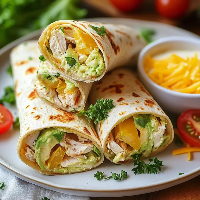 - 2 cups cooked chicken breast, shredded - 1 ripe avocado, mashed - ½ cup ranch dressing - 1 cup cherry tomatoes, halved - 1 cup shredded lettuce (romaine or green leaf) - ½ cup shredded cheese (cheddar or mozzarella) - 4 large whole wheat or spinach tortillas - Salt and pepper to taste - Optional: sliced jalapeños for spice For this recipe, you can easily swap items. Use leftover chicken or rotisserie chicken for ease. If you want a lighter version, try Greek yogurt instead of ranch dressing. For a dairy-free option, pick a plant-based cheese. You can also use flour tortillas if you prefer. Choose ripe avocados with a slight give when you press gently. Look for bright, firm tomatoes without blemishes. Fresh lettuce should be crisp and vibrant in color. When selecting cheese, go for blocks rather than pre-shredded for better flavor. Remember, fresh ingredients make your wrap taste amazing! {{ingredient_image_1}} To start, gather your ingredients. You will need: - 2 cups cooked chicken breast, shredded - 1 ripe avocado, mashed - ½ cup ranch dressing - 1 cup cherry tomatoes, halved - 1 cup shredded lettuce - ½ cup shredded cheese - 4 large whole wheat or spinach tortillas - Salt and pepper to taste - Optional: sliced jalapeños First, mix the shredded chicken and mashed avocado in a bowl. Make sure the avocado covers the chicken well. Next, add the ranch dressing and stir until combined. Season with salt and pepper to your liking. Now, lay your tortillas flat. Take about ½ cup of the chicken mixture and spread it on each tortilla. Top the mixture with halved cherry tomatoes, shredded lettuce, and cheese. If you like some heat, add sliced jalapeños. To wrap it up, fold in the sides of the tortilla first. Then, roll it tightly from the bottom. Repeat this for all the tortillas. For serving, cut each wrap in half diagonally. Arrange the halves on a platter. You can serve these wraps with extra ranch dressing on the side. A sprinkle of parsley or cilantro adds a nice touch too. Enjoy your meal! To make the best Avocado Ranch Chicken Wrap, follow these tips: - Use fresh, ripe avocados for the best flavor and creaminess. - Shred the chicken finely for easy mixing and smooth bites. - Mix the ranch dressing in well to coat every piece of chicken. - Don’t overfill the tortillas to avoid messy wraps. - Roll tightly but gently to keep everything inside. Here are some common mistakes to watch out for: - Skipping the seasoning can dull the taste. Always add salt and pepper. - Not using enough dressing makes the wrap dry. Ensure each bite is moist. - Using stale tortillas can ruin the wrap’s texture. Always check for freshness. - Forgetting to cut the wrap can make it hard to eat. Cut diagonally for ease. You can prepare these wraps in advance: - Make the chicken and avocado mixture a few hours before serving. - Store it in the fridge in an airtight container to keep it fresh. - Assemble the wraps just before serving to maintain the tortilla's crispness. - You can also wrap each one in foil for easy grab-and-go meals. Pro Tips Use Fresh Ingredients: Opt for ripe avocados and fresh vegetables to enhance the flavor and texture of your wraps. Customize Your Spice Level: Adjust the amount of sliced jalapeños based on your heat preference, or add other spices like cayenne pepper for an extra kick. Make Ahead: Prepare the chicken and avocado mixture in advance and store it in the fridge. Assemble the wraps just before serving for optimal freshness. Experiment with Tortillas: Try different types of tortillas, such as sun-dried tomato or garlic herb, to give your wraps a unique flavor twist. {{image_2}} You can switch the chicken for other proteins. Try shredded turkey for a lighter taste. Canned tuna or salmon works well too. If you want to use beef, opt for shredded roast beef. Each protein adds a new flavor to the wrap. Just make sure to keep the ranch dressing for moisture and taste. Making a vegan or vegetarian wrap is easy. Replace the chicken with black beans or chickpeas. These add protein and fiber. You can also use marinated tofu for a hearty choice. For cheese, try a vegan alternative or skip it entirely. Use a plant-based ranch dressing to keep the flavors fresh and tasty. To boost the flavor, try adding fresh herbs. Chopped cilantro or parsley brightens the wrap. You can also mix in some diced red onion for a crunch. For heat, sliced jalapeños bring a nice kick. If you love fruit, add diced mango or pineapple for sweetness. These small changes can make a big difference in taste! To keep your Avocado Ranch Chicken Wraps fresh, store them in an airtight container. You can place parchment paper between layers if you stack them. This helps prevent sogginess. Keep them in the fridge for up to three days for the best taste. To reheat your wraps, use a microwave. Place the wrap on a plate and cover it with a damp paper towel. Heat for 30 seconds. Check if it's warm enough. If not, heat in 15-second bursts until hot. Be careful not to overheat, as it can make the wrap tough. You can freeze these wraps for longer storage. Wrap each one tightly in plastic wrap. Then, place them in a freezer bag. They can last up to three months in the freezer. To eat, thaw in the fridge overnight, then reheat as shown above. You can use yogurt or sour cream as a base. Mix in herbs like dill or parsley for flavor. You can also try blue cheese dressing for a bolder taste. If you want a lighter option, consider a vinaigrette. Yes, you can use flour, corn, or even gluten-free tortillas. Whole wheat or spinach tortillas add extra flavor and nutrients. Choose what you like best or what you have on hand. Each type will give a slightly different taste and texture. These wraps stay fresh for up to three days in the fridge. Store them in an airtight container to keep them crisp. If you notice any browning on the avocado, eat them sooner for the best flavor. This article covered how to make tasty wraps. We explored the key ingredients and measured them correctly. I shared tips for choosing fresh items. You learned how to prep, assemble, and serve your wraps. Remember the tricks to perfect your wraps and avoid common mistakes. Finally, various options let you customize flavors or make ahead. Store leftovers well for later. Keeping these points in mind will help you create delicious wraps every time. Enjoy your cooking!