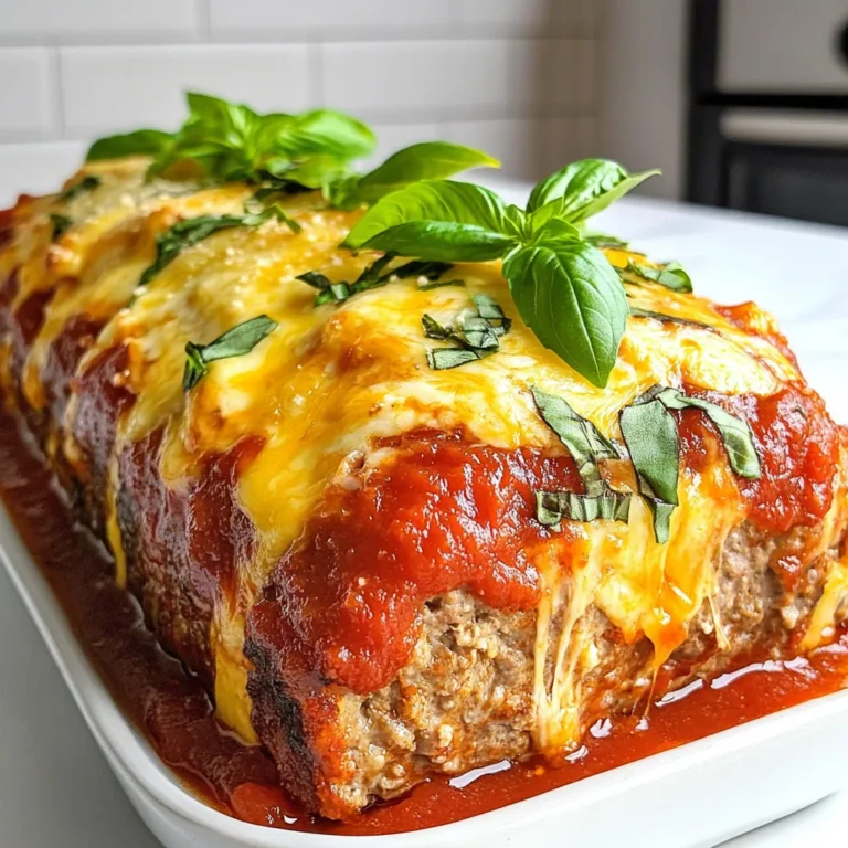 To make a great stuffed Italian meatloaf, you'll need: - 1 lb ground beef - 1 lb ground pork - 1 cup breadcrumbs - 1/2 cup grated Parmesan cheese - 1/4 cup fresh parsley, chopped - 2 cloves garlic, minced - 1 tsp dried oregano - 1 tsp dried basil - 2 large eggs, beaten - 1/2 cup marinara sauce (plus extra for topping) - 1 cup mozzarella cheese, shredded - Salt and pepper to taste These ingredients work well together. The mix of beef and pork gives it a rich flavor. The breadcrumbs help bind everything. The cheeses add creaminess and depth. You can customize your meatloaf with extra ingredients. Here are some ideas: - Chopped bell peppers for crunch - Spinach for color and nutrition - Sliced olives for a salty kick - Red pepper flakes for heat These add-ins can make your meatloaf unique. Feel free to mix and match based on your taste. Having the right tools can make cooking easier. For this recipe, you should have: - A large mixing bowl for combining the meat - A lined baking sheet for shaping the meatloaf - A spatula for mixing - A meat thermometer to ensure it’s cooked right These tools help you create the best stuffed Italian meatloaf. They make the process smooth and fun! {{ingredient_image_1}} To start, preheat your oven to 350°F (175°C). Grab a large bowl and add 1 lb of ground beef and 1 lb of ground pork. These meats blend well, giving your meatloaf great flavor. Next, toss in 1 cup of breadcrumbs and 1/2 cup of grated Parmesan cheese. The breadcrumbs keep your meatloaf moist. Add 1/4 cup of chopped fresh parsley for freshness. Then, mix in 2 cloves of minced garlic for aroma. Add 1 teaspoon of dried oregano and 1 teaspoon of dried basil for Italian flair. Don’t forget to season with salt and pepper to taste. Finally, add 2 large beaten eggs and 1/2 cup of marinara sauce. Mix everything until it’s well combined. Now, take the meat mixture and shape it on a lined baking sheet. Form it into a rectangle, about 1 inch thick. In the center, create a well for the filling. Here comes the fun part: layer 1 cup of shredded mozzarella cheese evenly in the well. Carefully fold the sides of the meatloaf over the cheese. Make sure to seal it well so the cheese stays inside. Shape the meatloaf to ensure it looks nice. Once sealed, spread a layer of marinara sauce over the top. This adds a tasty touch and keeps it moist. Place the meatloaf in the preheated oven. Bake for 45 to 50 minutes. Use a meat thermometer to check. The internal temperature should reach 160°F (70°C). Once done, take it out and let it rest for 10 minutes. This helps the cheese settle and makes cutting easier. For serving, slice the meatloaf and present it on a platter. Garnish with fresh basil leaves and serve with extra marinara sauce for dipping. A sprinkle of grated Parmesan cheese on top adds a nice finishing touch! To get that perfect texture, combine the ground beef and pork well. Mixing these meats adds depth. Use breadcrumbs to bind the mixture. They help hold everything together. Be sure to avoid over-mixing; this can make the meatloaf tough. Aim for a smooth, even consistency. Resting the meatloaf after baking is key too. Letting it sit for ten minutes allows juices to settle. For more flavor, use fresh herbs like parsley. They add brightness to the dish. Don't skip the garlic; it gives a nice kick. Incorporate marinara sauce into the meat mixture. This adds moisture and taste. Topping the meatloaf with marinara is a great idea. It keeps the meatloaf juicy and flavorful. Remember to season with salt and pepper generously. A well-seasoned meatloaf makes a big difference. One big mistake is not sealing the meatloaf well. If you leave gaps, the cheese may leak out. Another error is skipping the resting time. Cutting too early can result in a dry meatloaf. Don’t forget to check the internal temperature. It should reach 160°F (70°C) for safety. Lastly, avoid using too much cheese inside. It can overwhelm the other flavors. Keep it balanced for the best taste. Pro Tips Resting Time: Let the meatloaf rest for 10 minutes after baking. This allows the juices to redistribute, making each slice tender and flavorful. Cheese Variations: Experiment with different cheeses like provolone or fontina for a unique flavor. Mixing cheeses can enhance the richness of the filling. Herb Freshness: Use fresh herbs instead of dried for a burst of flavor. Fresh parsley, basil, or oregano can elevate the taste profile of the meatloaf. Meat Mixture: Mixing ground beef with ground pork adds moisture and flavor. You can also try adding ground turkey or chicken for a lighter version. {{image_2}} You can use many types of cheese in stuffed Italian meatloaf. Mozzarella is a favorite for its meltiness. But you can try provolone or fontina for a sharper taste. Cheddar adds a nice twist, too. For a creamy touch, consider using ricotta. Mixing two or more cheeses can create a fun flavor blend. Just remember, the cheese should melt well for the best results. While beef and pork make a great base, you can mix things up. Ground turkey or chicken is leaner but still tasty. If you like lamb, it adds a rich flavor. You can even use a mix of meats for more depth. Just keep the same ratios to maintain texture. Each meat brings its own unique taste to the dish. For gluten-free meatloaf, swap breadcrumbs for gluten-free options. You can use crushed cornflakes or ground oats. Almond flour works well for low-carb diets. It helps bind the meat without adding carbs. You can also add grated vegetables like zucchini for moisture. These swaps keep the meatloaf delicious while catering to dietary needs. To keep leftover meatloaf fresh, let it cool first. Then, wrap it tightly in plastic wrap or aluminum foil. You can also place it in an airtight container. Store it in the fridge for up to four days. This way, it remains moist and flavorful for your next meal. If you want to save some for later, freezing is a great option. Slice the meatloaf into portions. Wrap each slice in plastic wrap, then place them in a freezer bag. Make sure to squeeze out as much air as possible. You can freeze it for up to three months. When you’re ready to enjoy it, simply thaw it in the fridge overnight. To reheat, you can use the oven or microwave. For the oven, preheat it to 350°F (175°C). Place the meatloaf slices in a baking dish, cover with foil, and heat for about 20 minutes. In the microwave, place a slice on a plate and cover it with a damp paper towel. Heat in 30-second intervals until warm. Enjoy it with extra marinara sauce for added flavor! Yes, you can prepare stuffed Italian meatloaf ahead of time. Mix the meat and stuff it. Shape the meatloaf and wrap it in plastic. Store it in the fridge for up to 24 hours. This makes it easy to bake when you are ready. The meatloaf should be cooked to an internal temperature of 160°F (70°C). This ensures the meat is safe to eat. Use a meat thermometer to check the temperature in the center. You know the meatloaf is done when it reaches 160°F (70°C). The meatloaf should be firm and not jiggly. If you cut into it, the juices should run clear and not pink. Yes, you can make mini stuffed meatloaves! Use the same recipe, but shape smaller portions. Bake them for about 25-30 minutes. This is a fun way to serve individual portions. Stuffed meatloaf pairs well with many sides. Consider mashed potatoes, green beans, or a fresh salad. Garlic bread or roasted veggies also make great choices. These sides complement the rich flavors of the meatloaf well. You now know how to make a delicious stuffed Italian meatloaf. We covered all the key ingredients, step-by-step instructions, and helpful tips. You can customize it with different meats and cheeses to fit your taste. Remember to store leftovers properly to keep them fresh. With these simple methods, you'll impress everyone at dinner. Have fun experimenting with flavors and enjoy your tasty creation!