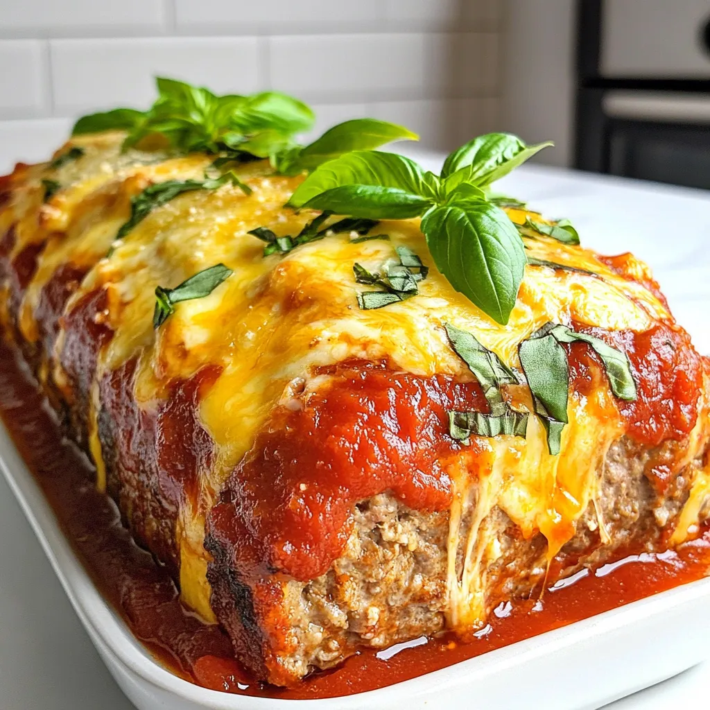 To make a great stuffed Italian meatloaf, you'll need: - 1 lb ground beef - 1 lb ground pork - 1 cup breadcrumbs - 1/2 cup grated Parmesan cheese - 1/4 cup fresh parsley, chopped - 2 cloves garlic, minced - 1 tsp dried oregano - 1 tsp dried basil - 2 large eggs, beaten - 1/2 cup marinara sauce (plus extra for topping) - 1 cup mozzarella cheese, shredded - Salt and pepper to taste These ingredients work well together. The mix of beef and pork gives it a rich flavor. The breadcrumbs help bind everything. The cheeses add creaminess and depth. You can customize your meatloaf with extra ingredients. Here are some ideas: - Chopped bell peppers for crunch - Spinach for color and nutrition - Sliced olives for a salty kick - Red pepper flakes for heat These add-ins can make your meatloaf unique. Feel free to mix and match based on your taste. Having the right tools can make cooking easier. For this recipe, you should have: - A large mixing bowl for combining the meat - A lined baking sheet for shaping the meatloaf - A spatula for mixing - A meat thermometer to ensure it’s cooked right These tools help you create the best stuffed Italian meatloaf. They make the process smooth and fun! {{ingredient_image_1}} To start, preheat your oven to 350°F (175°C). Grab a large bowl and add 1 lb of ground beef and 1 lb of ground pork. These meats blend well, giving your meatloaf great flavor. Next, toss in 1 cup of breadcrumbs and 1/2 cup of grated Parmesan cheese. The breadcrumbs keep your meatloaf moist. Add 1/4 cup of chopped fresh parsley for freshness. Then, mix in 2 cloves of minced garlic for aroma. Add 1 teaspoon of dried oregano and 1 teaspoon of dried basil for Italian flair. Don’t forget to season with salt and pepper to taste. Finally, add 2 large beaten eggs and 1/2 cup of marinara sauce. Mix everything until it’s well combined. Now, take the meat mixture and shape it on a lined baking sheet. Form it into a rectangle, about 1 inch thick. In the center, create a well for the filling. Here comes the fun part: layer 1 cup of shredded mozzarella cheese evenly in the well. Carefully fold the sides of the meatloaf over the cheese. Make sure to seal it well so the cheese stays inside. Shape the meatloaf to ensure it looks nice. Once sealed, spread a layer of marinara sauce over the top. This adds a tasty touch and keeps it moist. Place the meatloaf in the preheated oven. Bake for 45 to 50 minutes. Use a meat thermometer to check. The internal temperature should reach 160°F (70°C). Once done, take it out and let it rest for 10 minutes. This helps the cheese settle and makes cutting easier. For serving, slice the meatloaf and present it on a platter. Garnish with fresh basil leaves and serve with extra marinara sauce for dipping. A sprinkle of grated Parmesan cheese on top adds a nice finishing touch! To get that perfect texture, combine the ground beef and pork well. Mixing these meats adds depth. Use breadcrumbs to bind the mixture. They help hold everything together. Be sure to avoid over-mixing; this can make the meatloaf tough. Aim for a smooth, even consistency. Resting the meatloaf after baking is key too. Letting it sit for ten minutes allows juices to settle. For more flavor, use fresh herbs like parsley. They add brightness to the dish. Don't skip the garlic; it gives a nice kick. Incorporate marinara sauce into the meat mixture. This adds moisture and taste. Topping the meatloaf with marinara is a great idea. It keeps the meatloaf juicy and flavorful. Remember to season with salt and pepper generously. A well-seasoned meatloaf makes a big difference. One big mistake is not sealing the meatloaf well. If you leave gaps, the cheese may leak out. Another error is skipping the resting time. Cutting too early can result in a dry meatloaf. Don’t forget to check the internal temperature. It should reach 160°F (70°C) for safety. Lastly, avoid using too much cheese inside. It can overwhelm the other flavors. Keep it balanced for the best taste. Pro Tips Resting Time: Let the meatloaf rest for 10 minutes after baking. This allows the juices to redistribute, making each slice tender and flavorful. Cheese Variations: Experiment with different cheeses like provolone or fontina for a unique flavor. Mixing cheeses can enhance the richness of the filling. Herb Freshness: Use fresh herbs instead of dried for a burst of flavor. Fresh parsley, basil, or oregano can elevate the taste profile of the meatloaf. Meat Mixture: Mixing ground beef with ground pork adds moisture and flavor. You can also try adding ground turkey or chicken for a lighter version. {{image_2}} You can use many types of cheese in stuffed Italian meatloaf. Mozzarella is a favorite for its meltiness. But you can try provolone or fontina for a sharper taste. Cheddar adds a nice twist, too. For a creamy touch, consider using ricotta. Mixing two or more cheeses can create a fun flavor blend. Just remember, the cheese should melt well for the best results. While beef and pork make a great base, you can mix things up. Ground turkey or chicken is leaner but still tasty. If you like lamb, it adds a rich flavor. You can even use a mix of meats for more depth. Just keep the same ratios to maintain texture. Each meat brings its own unique taste to the dish. For gluten-free meatloaf, swap breadcrumbs for gluten-free options. You can use crushed cornflakes or ground oats. Almond flour works well for low-carb diets. It helps bind the meat without adding carbs. You can also add grated vegetables like zucchini for moisture. These swaps keep the meatloaf delicious while catering to dietary needs. To keep leftover meatloaf fresh, let it cool first. Then, wrap it tightly in plastic wrap or aluminum foil. You can also place it in an airtight container. Store it in the fridge for up to four days. This way, it remains moist and flavorful for your next meal. If you want to save some for later, freezing is a great option. Slice the meatloaf into portions. Wrap each slice in plastic wrap, then place them in a freezer bag. Make sure to squeeze out as much air as possible. You can freeze it for up to three months. When you’re ready to enjoy it, simply thaw it in the fridge overnight. To reheat, you can use the oven or microwave. For the oven, preheat it to 350°F (175°C). Place the meatloaf slices in a baking dish, cover with foil, and heat for about 20 minutes. In the microwave, place a slice on a plate and cover it with a damp paper towel. Heat in 30-second intervals until warm. Enjoy it with extra marinara sauce for added flavor! Yes, you can prepare stuffed Italian meatloaf ahead of time. Mix the meat and stuff it. Shape the meatloaf and wrap it in plastic. Store it in the fridge for up to 24 hours. This makes it easy to bake when you are ready. The meatloaf should be cooked to an internal temperature of 160°F (70°C). This ensures the meat is safe to eat. Use a meat thermometer to check the temperature in the center. You know the meatloaf is done when it reaches 160°F (70°C). The meatloaf should be firm and not jiggly. If you cut into it, the juices should run clear and not pink. Yes, you can make mini stuffed meatloaves! Use the same recipe, but shape smaller portions. Bake them for about 25-30 minutes. This is a fun way to serve individual portions. Stuffed meatloaf pairs well with many sides. Consider mashed potatoes, green beans, or a fresh salad. Garlic bread or roasted veggies also make great choices. These sides complement the rich flavors of the meatloaf well. You now know how to make a delicious stuffed Italian meatloaf. We covered all the key ingredients, step-by-step instructions, and helpful tips. You can customize it with different meats and cheeses to fit your taste. Remember to store leftovers properly to keep them fresh. With these simple methods, you'll impress everyone at dinner. Have fun experimenting with flavors and enjoy your tasty creation!