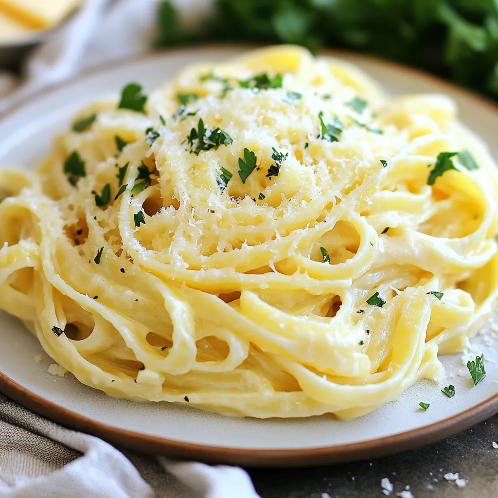 To make One-Pan Butter Parmesan Pasta, you need some great ingredients. Here’s what you will use: - 12 oz fettuccine or spaghetti - 4 tablespoons unsalted butter - 4 cloves garlic, minced - 4 cups vegetable broth - 1 cup heavy cream - 1 cup grated Parmesan cheese - Salt and black pepper to taste - 1 teaspoon Italian seasoning - Fresh parsley, chopped (for garnish) - Extra Parmesan cheese (for serving) Each ingredient plays a key role in this dish. The pasta serves as the base, soaking up all the flavors. The unsalted butter adds richness, while the garlic gives a nice aroma. Vegetable broth helps cook the pasta and adds depth. Heavy cream makes the sauce creamy and smooth. Grated Parmesan cheese is what makes it a true treat. Salt, pepper, and Italian seasoning bring everything together. Fresh parsley adds a pop of color and a hint of freshness. If you love cheese, feel free to add extra Parmesan when serving. This simple combination creates a delightful meal in just one pan. Enjoy the ease and taste of this dish! {{ingredient_image_1}} Melting the Butter Start by taking a large skillet or deep pan. Place it on medium heat. Add 4 tablespoons of unsalted butter. Watch it melt slowly. This butter adds rich flavor to the dish. Sautéing the Garlic Once the butter is melted, add 4 minced garlic cloves. Stir and sauté for 1-2 minutes. You want the garlic to smell good but not burn. This step gives the dish a nice aroma. Adding Vegetable Broth Next, pour in 4 cups of vegetable broth. Bring this mixture to a gentle boil. The broth will help cook the pasta and add flavor. Cooking to Al Dente Now, add 12 ounces of fettuccine or spaghetti. Reduce the heat and let it simmer. Cook the pasta for about 8-10 minutes. Stir it occasionally, so it cooks evenly. It should be al dente, meaning it still has a slight bite. Incorporating Cream and Cheese Once the pasta is cooked, stir in 1 cup of heavy cream and 1 cup of grated Parmesan cheese. Add 1 teaspoon of Italian seasoning, salt, and black pepper to taste. Mix everything well until it becomes creamy. Adjusting Seasoning Let the pasta cook for another 2-3 minutes. This helps the sauce thicken and coat the pasta. Taste the dish and adjust the seasoning if needed. Once satisfied, remove it from the heat and let it sit for a minute before serving. Stirring Techniques To get a creamy sauce, stir the pasta often while it cooks. This helps the starches release. The starches make the sauce thick and smooth. Use a wooden spoon or a spatula to avoid scratching your pan. Stir gently but firmly to coat the pasta well. Adjusting Liquid Levels If your pasta seems dry, add more vegetable broth or cream. Start with a small amount, like a quarter cup. Let it cook for a minute, then check the sauce. You want it to cling to the pasta but not drown it. If it's too saucy, let it cook a bit longer to thicken. Adding More Seasoning Feel free to add more salt and pepper to taste. You can also try other herbs, like basil or oregano. For a kick, add a pinch of red pepper flakes. Just sprinkle them in while mixing. Taste as you go to find what you like best. Custom Garnishes Garnishing adds a nice touch. Fresh parsley gives a pop of color and flavor. You can also sprinkle more grated Parmesan on top. For a crunch, try toasted pine nuts or breadcrumbs. These little details make your dish look and taste special. Pro Tips Perfect Pasta Texture: To achieve the ideal al dente texture, cook the pasta just until it's firm to the bite, which usually takes about 8-10 minutes. Remember, it will continue to cook slightly in the sauce. Cheese Quality Matters: Use freshly grated Parmesan cheese instead of pre-grated for a creamier texture and richer flavor. Freshly grated cheese melts better and enhances the dish significantly. Enhance with Extras: Feel free to add in vegetables like spinach, mushrooms, or cherry tomatoes for added nutrition and flavor. You can also toss in cooked chicken or shrimp for a heartier meal. Leftover Storage: Store any leftovers in an airtight container in the refrigerator for up to 3 days. Reheat gently on the stove with a splash of broth or cream to restore creaminess. {{image_2}} You can add many veggies to make this dish even better. Spinach or kale works great. Just toss them in with the pasta during the last few minutes of cooking. They get soft and blend well with the sauce. Mushrooms or peppers are also great choices. Slice them and sauté them with the garlic. They add nice texture and flavor to the dish. Adding protein can make this meal more filling. Chicken or shrimp are perfect choices. Cook them in the pan first, before adding the garlic. Once cooked, add the broth and pasta. For a vegetarian option, try chickpeas or tofu. Both will soak up the rich flavors and make your pasta hearty. - Storing Leftovers: Let the pasta cool to room temperature. Then, place it in an airtight container. Store it in the fridge for up to three days. - Reheating Tips: To reheat, add a splash of milk or broth to a pan. Warm over low heat, stirring until heated through. This keeps the pasta creamy and prevents it from drying out. - How to Freeze Pasta: After cooling, divide the pasta into portions. Use freezer-safe bags or containers. Squeeze out air before sealing. Label with the date and freeze for up to two months. - Best Practices for Thawing: To thaw, move the pasta to the fridge overnight. You can also use the microwave. Heat on low power, stirring often until warm. Enjoy your tasty pasta even after freezing! You can use fettuccine or spaghetti for this dish. Both types cook well in one pan. I prefer fettuccine for its wide shape, which holds sauce nicely. You can also use other pasta types, like penne or rotini. Just check the cooking time on the package. Yes, you can easily make this recipe gluten-free. Simply swap regular pasta for gluten-free pasta. Brands like brown rice or quinoa pasta work well. Keep an eye on the cooking time, as gluten-free pasta may cook faster. To serve more people, just scale up the ingredients. For six servings, use 18 ounces of pasta and 6 tablespoons of butter. Increase the broth and cream in the same ratio. Make sure your pan is large enough to hold it all while cooking. This blog post covered how to make a simple, delicious butter parmesan pasta. We explored key ingredients like fettuccine, garlic, and creamy cheese. You learned to prepare it step-by-step, ensuring the perfect texture. We shared helpful tips for consistency and flavor, plus tasty variations to suit your taste. Finally, we discussed how to store and reheat leftovers. Enjoy your cooking journey and make this dish your own!