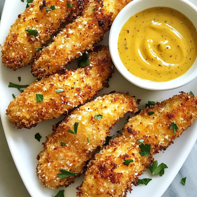 To make crispy baked chicken tenders, you need simple ingredients. Here’s what you will need: - 1 pound chicken tenderloins - 1 cup whole wheat breadcrumbs - 1/2 cup grated Parmesan cheese - 1 teaspoon garlic powder - 1 teaspoon onion powder - 1 teaspoon smoked paprika - 1/2 teaspoon black pepper - 1/2 teaspoon salt - 2 large eggs - 1 tablespoon Dijon mustard - 1 tablespoon honey - Olive oil spray Each ingredient plays a key role in flavor and texture. Chicken tenderloins give a tender bite. The whole wheat breadcrumbs add crunch. Grated Parmesan cheese brings a salty richness. Garlic and onion powders add savory notes. Smoked paprika gives a hint of smokiness. Black pepper and salt enhance the overall taste. Eggs act as a binding agent. Dijon mustard and honey add a sweet and tangy layer of flavor. Finally, olive oil spray helps achieve that golden brown finish. This dish is both tasty and healthy, making it a great family meal. {{ingredient_image_1}} Start by preheating your oven to 425°F (220°C). This ensures the chicken cooks evenly. While the oven heats, line a baking sheet with parchment paper. This helps with easy cleanup and prevents sticking. In a mixing bowl, combine the whole wheat breadcrumbs, grated Parmesan cheese, garlic powder, onion powder, smoked paprika, black pepper, and salt. Make sure to mix them well. This blend adds flavor and texture to the chicken. In another bowl, beat the two large eggs. Add in the Dijon mustard and honey. Whisk until smooth. This mixture will help the breadcrumbs stick to the chicken. Take each chicken tenderloin and dip it into the egg mixture. Let any extra egg drip off. Then, coat the tenderloin in the breadcrumb mixture. Press lightly to make sure the crumbs stick well. Place each coated tender on the prepared baking sheet. Keep them in a single layer for even cooking. Lightly spray the tops of the chicken tenders with olive oil spray. This step helps them turn golden and crispy. Bake them in the oven for 15-20 minutes. Halfway through, turn the tenders for even browning. They are done when they are cooked through and crispy. Once baked, remove the chicken tenders from the oven. Let them cool for a few minutes. Serve them on a platter with honey mustard or your favorite dipping sauce. Garnish with fresh parsley or extra Parmesan. Enjoy your delicious crispy baked chicken tenders! To make your chicken tenders extra crispy, start with dry chicken. Pat the tenderloins with paper towels to remove moisture. Next, use whole wheat breadcrumbs. They give a crunch and add flavor. Press the breadcrumbs onto the chicken firmly. This helps them stick. Lastly, spray a light coat of olive oil on top before baking. It aids in browning and crispiness. Always preheat your oven to 425°F (220°C). This high heat cooks the chicken quickly and evenly. Place the chicken tenders in a single layer on the baking sheet. Avoid crowding them to allow air to circulate. Turn them halfway through cooking. This ensures they brown evenly on both sides. Bake for 15-20 minutes until golden and cooked through. Use a good baking sheet lined with parchment paper. This prevents sticking and makes cleanup easy. A mixing bowl is important for your coating mixtures. A whisk helps blend the egg mixture smoothly. Finally, keep a spatula handy for flipping the tenders. These tools make the process easier and more fun! Pro Tips Use Panko Breadcrumbs: For an even crispier texture, consider using panko breadcrumbs instead of regular whole wheat breadcrumbs. They create a lighter, crunchier coating. Marinate the Chicken: For added flavor and moisture, marinate the chicken tenderloins in a mixture of buttermilk and spices for at least 30 minutes before coating them. Experiment with Seasonings: Feel free to adjust the spices according to your taste. Adding cayenne pepper for heat or Italian herbs for a different flavor profile can elevate your chicken tenders. Store and Reheat Properly: To keep leftovers crispy, store them in a single layer on a wire rack. When reheating, use an oven instead of a microwave to regain the crunch. {{image_2}} If you want a gluten-free version, swap the whole wheat breadcrumbs. Use gluten-free breadcrumbs instead. You can also crush gluten-free corn flakes for a crunchy texture. This keeps the dish crispy, tasty, and safe for gluten-sensitive diets. You can change the flavors easily. Try adding cayenne pepper for heat or Italian herbs for a twist. Use lemon zest for a fresh taste. Experiment with your favorite spices to make these tenders your own. This way, each meal can feel new and exciting. Baking is great, but you can also air fry these tenders. Set your air fryer to 400°F (200°C) and cook for about 10-12 minutes. You can achieve a crispy outside while keeping the chicken juicy inside. Grilling is another option. Just make sure to keep an eye on them to avoid drying out. To keep your chicken tenders fresh, let them cool first. Place them in a shallow container. Cover it tightly with plastic wrap or a lid. This helps keep moisture in and prevents them from drying out. Store the container in the fridge. They will stay good for about three days. When you are ready to eat the leftovers, preheat your oven to 375°F (190°C). Place the chicken tenders on a baking sheet. Heat them for about 10 to 15 minutes. This method makes them crispy again. You can also use a microwave, but the texture will not be as good. If you use the microwave, heat them for one to two minutes. Check if they are warm enough before serving. If you want to save your chicken tenders for later, freezing is a great option. First, let them cool completely. Then, wrap each piece in plastic wrap. Place them in a freezer-safe bag or container. Squeeze out as much air as you can. They can stay in the freezer for up to three months. When you want to eat them, thaw them overnight in the fridge before reheating. This keeps their taste and texture nice. You should bake chicken tenders for 15 to 20 minutes. Bake them at 425°F (220°C). Check if they are cooked through. The coating should be golden and crispy. Turn them halfway through baking for even cooking. Yes, you can use chicken breasts. Just cut them into strips. Make sure the strips are about the same size as tenderloins. This helps them cook evenly. The cooking time may change slightly. Some great dipping sauces are honey mustard and barbecue sauce. Ranch dressing also works well. You can try hot sauce for a kick. Consider making a yogurt dip for a healthy twist. Yes, these chicken tenders can be healthy. They use whole wheat breadcrumbs and lean chicken. You control the ingredients and can add your favorite spices. Baking them instead of frying cuts down on fat. Enjoy them guilt-free! This blog showed you how to make tasty baked chicken tenders. We covered the right ingredients, simple steps, and tips for crispiness. You learned variations and storage tips too. These chicken tenders are fun to make and share. Try them out for a meal or snack. Enjoy making this healthy dish for yourself and loved ones. Your next cooking adventure starts now!