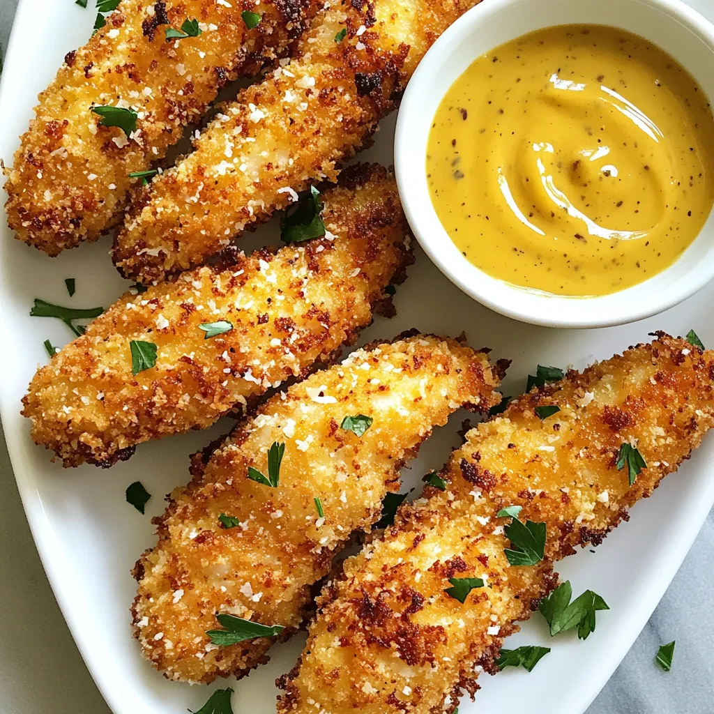 To make crispy baked chicken tenders, you need simple ingredients. Here’s what you will need: - 1 pound chicken tenderloins - 1 cup whole wheat breadcrumbs - 1/2 cup grated Parmesan cheese - 1 teaspoon garlic powder - 1 teaspoon onion powder - 1 teaspoon smoked paprika - 1/2 teaspoon black pepper - 1/2 teaspoon salt - 2 large eggs - 1 tablespoon Dijon mustard - 1 tablespoon honey - Olive oil spray Each ingredient plays a key role in flavor and texture. Chicken tenderloins give a tender bite. The whole wheat breadcrumbs add crunch. Grated Parmesan cheese brings a salty richness. Garlic and onion powders add savory notes. Smoked paprika gives a hint of smokiness. Black pepper and salt enhance the overall taste. Eggs act as a binding agent. Dijon mustard and honey add a sweet and tangy layer of flavor. Finally, olive oil spray helps achieve that golden brown finish. This dish is both tasty and healthy, making it a great family meal. {{ingredient_image_1}} Start by preheating your oven to 425°F (220°C). This ensures the chicken cooks evenly. While the oven heats, line a baking sheet with parchment paper. This helps with easy cleanup and prevents sticking. In a mixing bowl, combine the whole wheat breadcrumbs, grated Parmesan cheese, garlic powder, onion powder, smoked paprika, black pepper, and salt. Make sure to mix them well. This blend adds flavor and texture to the chicken. In another bowl, beat the two large eggs. Add in the Dijon mustard and honey. Whisk until smooth. This mixture will help the breadcrumbs stick to the chicken. Take each chicken tenderloin and dip it into the egg mixture. Let any extra egg drip off. Then, coat the tenderloin in the breadcrumb mixture. Press lightly to make sure the crumbs stick well. Place each coated tender on the prepared baking sheet. Keep them in a single layer for even cooking. Lightly spray the tops of the chicken tenders with olive oil spray. This step helps them turn golden and crispy. Bake them in the oven for 15-20 minutes. Halfway through, turn the tenders for even browning. They are done when they are cooked through and crispy. Once baked, remove the chicken tenders from the oven. Let them cool for a few minutes. Serve them on a platter with honey mustard or your favorite dipping sauce. Garnish with fresh parsley or extra Parmesan. Enjoy your delicious crispy baked chicken tenders! To make your chicken tenders extra crispy, start with dry chicken. Pat the tenderloins with paper towels to remove moisture. Next, use whole wheat breadcrumbs. They give a crunch and add flavor. Press the breadcrumbs onto the chicken firmly. This helps them stick. Lastly, spray a light coat of olive oil on top before baking. It aids in browning and crispiness. Always preheat your oven to 425°F (220°C). This high heat cooks the chicken quickly and evenly. Place the chicken tenders in a single layer on the baking sheet. Avoid crowding them to allow air to circulate. Turn them halfway through cooking. This ensures they brown evenly on both sides. Bake for 15-20 minutes until golden and cooked through. Use a good baking sheet lined with parchment paper. This prevents sticking and makes cleanup easy. A mixing bowl is important for your coating mixtures. A whisk helps blend the egg mixture smoothly. Finally, keep a spatula handy for flipping the tenders. These tools make the process easier and more fun! Pro Tips Use Panko Breadcrumbs: For an even crispier texture, consider using panko breadcrumbs instead of regular whole wheat breadcrumbs. They create a lighter, crunchier coating. Marinate the Chicken: For added flavor and moisture, marinate the chicken tenderloins in a mixture of buttermilk and spices for at least 30 minutes before coating them. Experiment with Seasonings: Feel free to adjust the spices according to your taste. Adding cayenne pepper for heat or Italian herbs for a different flavor profile can elevate your chicken tenders. Store and Reheat Properly: To keep leftovers crispy, store them in a single layer on a wire rack. When reheating, use an oven instead of a microwave to regain the crunch. {{image_2}} If you want a gluten-free version, swap the whole wheat breadcrumbs. Use gluten-free breadcrumbs instead. You can also crush gluten-free corn flakes for a crunchy texture. This keeps the dish crispy, tasty, and safe for gluten-sensitive diets. You can change the flavors easily. Try adding cayenne pepper for heat or Italian herbs for a twist. Use lemon zest for a fresh taste. Experiment with your favorite spices to make these tenders your own. This way, each meal can feel new and exciting. Baking is great, but you can also air fry these tenders. Set your air fryer to 400°F (200°C) and cook for about 10-12 minutes. You can achieve a crispy outside while keeping the chicken juicy inside. Grilling is another option. Just make sure to keep an eye on them to avoid drying out. To keep your chicken tenders fresh, let them cool first. Place them in a shallow container. Cover it tightly with plastic wrap or a lid. This helps keep moisture in and prevents them from drying out. Store the container in the fridge. They will stay good for about three days. When you are ready to eat the leftovers, preheat your oven to 375°F (190°C). Place the chicken tenders on a baking sheet. Heat them for about 10 to 15 minutes. This method makes them crispy again. You can also use a microwave, but the texture will not be as good. If you use the microwave, heat them for one to two minutes. Check if they are warm enough before serving. If you want to save your chicken tenders for later, freezing is a great option. First, let them cool completely. Then, wrap each piece in plastic wrap. Place them in a freezer-safe bag or container. Squeeze out as much air as you can. They can stay in the freezer for up to three months. When you want to eat them, thaw them overnight in the fridge before reheating. This keeps their taste and texture nice. You should bake chicken tenders for 15 to 20 minutes. Bake them at 425°F (220°C). Check if they are cooked through. The coating should be golden and crispy. Turn them halfway through baking for even cooking. Yes, you can use chicken breasts. Just cut them into strips. Make sure the strips are about the same size as tenderloins. This helps them cook evenly. The cooking time may change slightly. Some great dipping sauces are honey mustard and barbecue sauce. Ranch dressing also works well. You can try hot sauce for a kick. Consider making a yogurt dip for a healthy twist. Yes, these chicken tenders can be healthy. They use whole wheat breadcrumbs and lean chicken. You control the ingredients and can add your favorite spices. Baking them instead of frying cuts down on fat. Enjoy them guilt-free! This blog showed you how to make tasty baked chicken tenders. We covered the right ingredients, simple steps, and tips for crispiness. You learned variations and storage tips too. These chicken tenders are fun to make and share. Try them out for a meal or snack. Enjoy making this healthy dish for yourself and loved ones. Your next cooking adventure starts now!