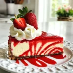 - 1 ½ cups graham cracker crumbs - ½ cup unsalted butter, melted - 2 tablespoons granulated sugar - 2 cups cream cheese, softened - 1 cup powdered sugar - 2 large eggs - 1 teaspoon vanilla extract - 2 tablespoons cocoa powder - 1 tablespoon red food coloring - 1 cup fresh strawberries, pureed - 1 cup whipped cream (for topping) - Fresh strawberries (for garnish) Red velvet strawberry cheesecake is a treat that blends rich flavors. The crust is the first step. You need graham cracker crumbs, melted butter, and sugar. This mix creates a sweet and crunchy base. Next, the filling is key. You will need cream cheese and powdered sugar for a creamy texture. The eggs add richness, while vanilla gives depth. Cocoa powder and red food coloring provide the classic red velvet look. The addition of pureed strawberries is what makes this cheesecake special. It adds a fresh and fruity taste. The whipped cream on top adds lightness. Finally, garnish with fresh strawberries for a beautiful finish. These ingredients come together to create a dessert that looks and tastes amazing. Enjoy the process of making this delightful cheesecake! {{ingredient_image_1}} - Preheat the oven to 325°F (160°C). - In a medium bowl, mix 1 ½ cups graham cracker crumbs, ½ cup melted unsalted butter, and 2 tablespoons granulated sugar. Stir until it all combines well. - Press this mixture into the bottom of a 9-inch springform pan. Make sure it's even. Bake it for 10 minutes, then let it cool. - In a large bowl, beat 2 cups of softened cream cheese with 1 cup powdered sugar until smooth. - Add 2 large eggs, 1 teaspoon vanilla extract, 2 tablespoons cocoa powder, and 1 tablespoon red food coloring. Mix until it is uniform and creamy. - Gently fold in 1 cup of pureed fresh strawberries into the cheesecake mixture. Be careful not to overmix. You want to keep some strawberry swirls for a pretty marbled look. - Pour the cheesecake mixture over the cooled crust in the springform pan. - Bake the cheesecake in the preheated oven for 45-50 minutes. The center should be set but still jiggle a bit when you shake the pan. - After baking, turn off the oven and crack the oven door. This helps it cool slowly for about an hour. - Cover it and refrigerate for at least 4 hours, or overnight if possible. - Before serving, top your chilled cheesecake with 1 cup of whipped cream. - Garnish with fresh strawberries for a beautiful finish. To get a smooth cheesecake, avoid overmixing. Overmixing adds too much air and makes the texture uneven. Mix just enough to blend the ingredients well. Aim for a creamy consistency where everything comes together without lumps. For the ideal texture, let your cream cheese soften at room temperature before mixing. This makes it easier to combine with the other ingredients. Make sure your eggs are also at room temperature. This helps create a rich and creamy filling. You can add fun flavors to your cheesecake! Consider mixing in chocolate chips or nuts for added crunch. If you want a fruity twist, swap strawberries for other berries like raspberries or blueberries. This will give you a unique flavor and color. When serving, think about presentation. Slice the cheesecake into wedges and place them on a nice plate. Drizzle some strawberry puree around the edges for an elegant touch. Top with whipped cream and fresh strawberries. This adds color and makes the dish look even more tempting. One common mistake is undercooking or overcooking the cheesecake. To check if it is done, look for a slightly jiggly center. This means it will set perfectly as it cools. If it cracks, it may have been baked too long. For a flawless crust, make sure to press the graham cracker mixture firmly into the pan. This keeps it from crumbling when you slice the cheesecake. Bake it until it's golden, but not burnt. A well-made crust adds great flavor and texture to every bite. Pro Tips Use Room Temperature Ingredients: Make sure your cream cheese and eggs are at room temperature for a smoother batter, which helps prevent lumps in your cheesecake. Don't Overmix: When incorporating the strawberry puree, mix gently to maintain the beautiful marbled effect. Overmixing can lead to a uniform color and loss of the strawberry flavor. Cooling Technique: Allow the cheesecake to cool slowly in the oven with the door cracked open to prevent cracks on the surface, which can occur due to rapid temperature changes. Garnishing Ideas: For an elegant presentation, drizzle additional strawberry puree over the top and around the plate before serving. Fresh mint leaves also make a beautiful garnish. {{image_2}} - Adding chocolate chips or nuts: For a fun twist, mix in chocolate chips or chopped nuts. They add texture and enhance the taste. Try dark chocolate chips for a richer flavor. You can also use walnuts or pecans for a nutty crunch. - Swapping strawberries for other fruits: If you want a different fruit flavor, use pureed raspberries or blueberries. Each fruit gives a unique taste and color. This way, you can customize it to your favorite fruit. - Using low-fat cream cheese: For a lighter version, swap regular cream cheese for low-fat cream cheese. It still tastes good but cuts down on fat. You won’t lose the creamy texture you love. - Sugar substitutions for a lighter dessert: Consider sugar alternatives like honey or maple syrup. These options can make your dessert less sweet but still delicious. Adjust the amount to fit your taste and health goals. - Pairing with sauces or desserts: Serve your cheesecake with chocolate or caramel sauce. A drizzle of strawberry puree also pairs well. This adds extra flavor and makes your plate look nice. - Creative serving methods for gatherings: Slice the cheesecake into small squares for easy serving. You can place each piece on a colorful napkin. This makes it fun and easy for guests to enjoy. Consider using mini cups for individual servings too. To store your red velvet strawberry cheesecake, place it in the fridge. Use an airtight container or cover it with plastic wrap. This keeps it fresh and tasty. Avoid exposing it to air, which can dry it out. You can freeze the cheesecake for longer storage. To do this, wrap it tightly in plastic wrap and then in foil. This keeps out air and prevents freezer burn. When you are ready to eat it, thaw the cheesecake in the fridge overnight. This helps keep its creamy texture. When stored properly in the fridge, the cheesecake lasts about five days. If you freeze it, it can last for about three months. Always check for spoilage. Signs include a sour smell or an odd color. If you see these signs, it’s best to throw it away. Red velvet cheesecake is a rich dessert that blends creamy cheesecake with a soft, red velvet cake. Its flavor is a mix of cocoa and vanilla, with hints of tanginess from the cream cheese. The vibrant red color makes it visually striking and perfect for special occasions. Yes, you can make this cheesecake ahead of time. It is best to bake it a day or two before serving. Store it in the fridge, covered well. This allows the flavors to meld and improve. Just remember to add the whipped cream and strawberries right before serving. If you prefer not to use red food coloring, you can try beet juice for a natural alternative. It will give a similar color but may alter the taste slightly. You can also use pomegranate juice or raspberry puree for a unique twist. Yes, you can make mini cheesecakes using a muffin tin or small ramekins. Just adjust the baking time, checking for doneness after about 25-30 minutes. This way, you can serve individual portions, perfect for parties or gatherings. To check if the cheesecake is done, look for a set center with a slight jiggle. The edges should be firm while the center remains soft. It will continue to firm up as it cools. This ensures a creamy texture without being undercooked. Now you have all you need to bake a delightful red velvet cheesecake. We covered the ingredients, step-by-step instructions, and crucial tips for perfecting your dessert. You can even explore various flavors and storage methods. Whether you want to impress guests or enjoy a sweet treat at home, this cheesecake is a fantastic choice. Baking can be easy and fun with the right guidance. Get your ingredients ready and start your baking adventure today! Enjoy this tasty treat!