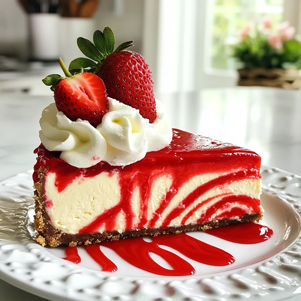 - 1 ½ cups graham cracker crumbs - ½ cup unsalted butter, melted - 2 tablespoons granulated sugar - 2 cups cream cheese, softened - 1 cup powdered sugar - 2 large eggs - 1 teaspoon vanilla extract - 2 tablespoons cocoa powder - 1 tablespoon red food coloring - 1 cup fresh strawberries, pureed - 1 cup whipped cream (for topping) - Fresh strawberries (for garnish) Red velvet strawberry cheesecake is a treat that blends rich flavors. The crust is the first step. You need graham cracker crumbs, melted butter, and sugar. This mix creates a sweet and crunchy base. Next, the filling is key. You will need cream cheese and powdered sugar for a creamy texture. The eggs add richness, while vanilla gives depth. Cocoa powder and red food coloring provide the classic red velvet look. The addition of pureed strawberries is what makes this cheesecake special. It adds a fresh and fruity taste. The whipped cream on top adds lightness. Finally, garnish with fresh strawberries for a beautiful finish. These ingredients come together to create a dessert that looks and tastes amazing. Enjoy the process of making this delightful cheesecake! {{ingredient_image_1}} - Preheat the oven to 325°F (160°C). - In a medium bowl, mix 1 ½ cups graham cracker crumbs, ½ cup melted unsalted butter, and 2 tablespoons granulated sugar. Stir until it all combines well. - Press this mixture into the bottom of a 9-inch springform pan. Make sure it's even. Bake it for 10 minutes, then let it cool. - In a large bowl, beat 2 cups of softened cream cheese with 1 cup powdered sugar until smooth. - Add 2 large eggs, 1 teaspoon vanilla extract, 2 tablespoons cocoa powder, and 1 tablespoon red food coloring. Mix until it is uniform and creamy. - Gently fold in 1 cup of pureed fresh strawberries into the cheesecake mixture. Be careful not to overmix. You want to keep some strawberry swirls for a pretty marbled look. - Pour the cheesecake mixture over the cooled crust in the springform pan. - Bake the cheesecake in the preheated oven for 45-50 minutes. The center should be set but still jiggle a bit when you shake the pan. - After baking, turn off the oven and crack the oven door. This helps it cool slowly for about an hour. - Cover it and refrigerate for at least 4 hours, or overnight if possible. - Before serving, top your chilled cheesecake with 1 cup of whipped cream. - Garnish with fresh strawberries for a beautiful finish. To get a smooth cheesecake, avoid overmixing. Overmixing adds too much air and makes the texture uneven. Mix just enough to blend the ingredients well. Aim for a creamy consistency where everything comes together without lumps. For the ideal texture, let your cream cheese soften at room temperature before mixing. This makes it easier to combine with the other ingredients. Make sure your eggs are also at room temperature. This helps create a rich and creamy filling. You can add fun flavors to your cheesecake! Consider mixing in chocolate chips or nuts for added crunch. If you want a fruity twist, swap strawberries for other berries like raspberries or blueberries. This will give you a unique flavor and color. When serving, think about presentation. Slice the cheesecake into wedges and place them on a nice plate. Drizzle some strawberry puree around the edges for an elegant touch. Top with whipped cream and fresh strawberries. This adds color and makes the dish look even more tempting. One common mistake is undercooking or overcooking the cheesecake. To check if it is done, look for a slightly jiggly center. This means it will set perfectly as it cools. If it cracks, it may have been baked too long. For a flawless crust, make sure to press the graham cracker mixture firmly into the pan. This keeps it from crumbling when you slice the cheesecake. Bake it until it's golden, but not burnt. A well-made crust adds great flavor and texture to every bite. Pro Tips Use Room Temperature Ingredients: Make sure your cream cheese and eggs are at room temperature for a smoother batter, which helps prevent lumps in your cheesecake. Don't Overmix: When incorporating the strawberry puree, mix gently to maintain the beautiful marbled effect. Overmixing can lead to a uniform color and loss of the strawberry flavor. Cooling Technique: Allow the cheesecake to cool slowly in the oven with the door cracked open to prevent cracks on the surface, which can occur due to rapid temperature changes. Garnishing Ideas: For an elegant presentation, drizzle additional strawberry puree over the top and around the plate before serving. Fresh mint leaves also make a beautiful garnish. {{image_2}} - Adding chocolate chips or nuts: For a fun twist, mix in chocolate chips or chopped nuts. They add texture and enhance the taste. Try dark chocolate chips for a richer flavor. You can also use walnuts or pecans for a nutty crunch. - Swapping strawberries for other fruits: If you want a different fruit flavor, use pureed raspberries or blueberries. Each fruit gives a unique taste and color. This way, you can customize it to your favorite fruit. - Using low-fat cream cheese: For a lighter version, swap regular cream cheese for low-fat cream cheese. It still tastes good but cuts down on fat. You won’t lose the creamy texture you love. - Sugar substitutions for a lighter dessert: Consider sugar alternatives like honey or maple syrup. These options can make your dessert less sweet but still delicious. Adjust the amount to fit your taste and health goals. - Pairing with sauces or desserts: Serve your cheesecake with chocolate or caramel sauce. A drizzle of strawberry puree also pairs well. This adds extra flavor and makes your plate look nice. - Creative serving methods for gatherings: Slice the cheesecake into small squares for easy serving. You can place each piece on a colorful napkin. This makes it fun and easy for guests to enjoy. Consider using mini cups for individual servings too. To store your red velvet strawberry cheesecake, place it in the fridge. Use an airtight container or cover it with plastic wrap. This keeps it fresh and tasty. Avoid exposing it to air, which can dry it out. You can freeze the cheesecake for longer storage. To do this, wrap it tightly in plastic wrap and then in foil. This keeps out air and prevents freezer burn. When you are ready to eat it, thaw the cheesecake in the fridge overnight. This helps keep its creamy texture. When stored properly in the fridge, the cheesecake lasts about five days. If you freeze it, it can last for about three months. Always check for spoilage. Signs include a sour smell or an odd color. If you see these signs, it’s best to throw it away. Red velvet cheesecake is a rich dessert that blends creamy cheesecake with a soft, red velvet cake. Its flavor is a mix of cocoa and vanilla, with hints of tanginess from the cream cheese. The vibrant red color makes it visually striking and perfect for special occasions. Yes, you can make this cheesecake ahead of time. It is best to bake it a day or two before serving. Store it in the fridge, covered well. This allows the flavors to meld and improve. Just remember to add the whipped cream and strawberries right before serving. If you prefer not to use red food coloring, you can try beet juice for a natural alternative. It will give a similar color but may alter the taste slightly. You can also use pomegranate juice or raspberry puree for a unique twist. Yes, you can make mini cheesecakes using a muffin tin or small ramekins. Just adjust the baking time, checking for doneness after about 25-30 minutes. This way, you can serve individual portions, perfect for parties or gatherings. To check if the cheesecake is done, look for a set center with a slight jiggle. The edges should be firm while the center remains soft. It will continue to firm up as it cools. This ensures a creamy texture without being undercooked. Now you have all you need to bake a delightful red velvet cheesecake. We covered the ingredients, step-by-step instructions, and crucial tips for perfecting your dessert. You can even explore various flavors and storage methods. Whether you want to impress guests or enjoy a sweet treat at home, this cheesecake is a fantastic choice. Baking can be easy and fun with the right guidance. Get your ingredients ready and start your baking adventure today! Enjoy this tasty treat!