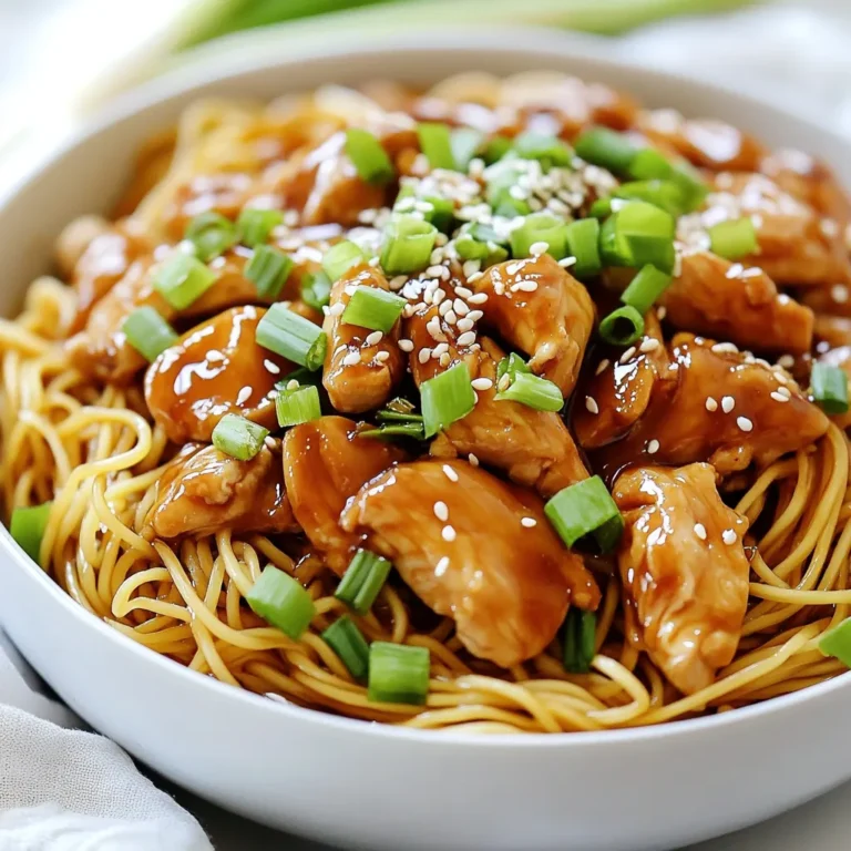To make Sticky Garlic Chicken Noodles, you need: - 300g egg noodles - 2 tablespoons vegetable oil - 2 chicken breasts, thinly sliced - 4 garlic cloves, minced - 1 tablespoon fresh ginger, grated - 1/4 cup soy sauce - 2 tablespoons honey - 1 tablespoon rice vinegar - 1 tablespoon oyster sauce - 1/2 teaspoon red pepper flakes (optional) - 1 green onion, chopped for garnish - Sesame seeds for garnish Fresh ginger and garlic make this dish shine. They add a punch of flavor. Garlic offers a savory taste, while ginger adds warmth. When you use fresh ingredients, you get the best taste. Always choose firm, vibrant garlic and ginger. This choice makes a big difference in your meal. If you can't find some ingredients, here are some swaps: - For soy sauce, use tamari or coconut aminos for a gluten-free option. - Honey can be swapped with maple syrup or agave for a vegan choice. - If you don't have egg noodles, try rice noodles or whole wheat pasta. These alternatives will keep your dish tasty and enjoyable. {{ingredient_image_1}} To start, cook the egg noodles. Boil a pot of salted water. Add the noodles and cook them until al dente. This will take about 4 to 5 minutes. After cooking, drain the noodles and rinse them under cold water. This stops the cooking process. Set the noodles aside. Next, prepare the sauce. In a small bowl, mix the soy sauce, honey, rice vinegar, and oyster sauce. If you like a kick, add red pepper flakes. Whisk everything together until well combined. Set this sauce aside too. Now, let’s cook the chicken. Heat vegetable oil in a large skillet over medium-high heat. Once the oil is hot, add the thinly sliced chicken. Spread it out so it cooks evenly. Cook for about 5 to 7 minutes. You want the chicken to turn golden brown. It should be cooked through, with no pink inside. Once ready, remove the chicken from the skillet and set it aside. In the same skillet, add minced garlic and grated ginger. Sauté these for about 1 minute. You want to smell those lovely aromas without burning them. Now, return the cooked chicken to the skillet. Pour the prepared sauce over the chicken. Stir everything together. Let it simmer for 2 to 3 minutes. This allows the sauce to thicken slightly. Finally, add the cooked noodles to the skillet. Toss them well, making sure they are coated with that sticky garlic sauce. This is where all the flavors come together. Once mixed, remove the skillet from heat. Garnish with chopped green onions and sesame seeds. Your Sticky Garlic Chicken Noodles are ready to enjoy! When making sticky garlic chicken noodles, avoid overcooking the noodles. Cooking them too long makes them mushy. Aim for al dente. For the chicken, it can also dry out if you overcook it. Cook it just until it's browned and no longer pink inside. This keeps it juicy and tender. To make your noodles even tastier, consider adding vegetables. Bell peppers, snap peas, or carrots add color and crunch. You can also mix in crushed peanuts or cashews for texture. If you want a kick, add more red pepper flakes. For a richer taste, a dash of sesame oil can elevate the dish. Use a large skillet or wok for this recipe. A non-stick pan can help prevent sticking and burning. Make sure to have a good spatula for tossing the ingredients. A pot for boiling the noodles should also be deep enough to avoid splashes. If you have a whisk, it’s great for mixing the sauce ingredients evenly. Pro Tips Prep Your Ingredients: Before starting, have all your ingredients prepped and ready to go. This ensures a smooth cooking process and prevents any ingredients from burning while you’re busy chopping or measuring. Adjust the Heat: When sautéing the chicken, adjust the heat as needed to avoid overcooking. You want the chicken to be golden brown but not dry—keep an eye on it! Customize the Sauce: Feel free to adjust the sweetness or saltiness of the sauce by adding more honey or soy sauce according to your taste preferences. A splash of lime juice can also brighten the flavors. Garnish Generously: Don't skip the garnishes! Fresh green onions and sesame seeds add not only flavor but also a lovely visual appeal to the dish, making it more appetizing. {{image_2}} You can change the protein in this dish. Shrimp can add a nice touch. Just cook it for 3-4 minutes until pink. Tofu is a great choice for a plant-based option. Use firm tofu and cube it. Sauté it until golden for crispiness. You can also use beef. Thinly slice it and cook it for 4-5 minutes until brown. Each option brings its unique flavor. If you want a meat-free meal, skip the chicken. Use mushrooms for a hearty texture. Shiitake or portobello work best. They soak up the sauce well. You can also add extra veggies like bell peppers or broccoli. This will boost the nutrition and add color to your plate. Toss them in when you cook the garlic for extra flavor. You can adjust sweetness and spice for your taste. If you like it sweeter, add more honey. Start with a teaspoon and taste as you go. For spice lovers, increase the red pepper flakes. You can also add sriracha or chili paste for more heat. Try adding a squeeze of lime for a zesty kick. This will brighten the dish and make it pop. Store your Sticky Garlic Chicken Noodles in an airtight container. Place them in the fridge. This keeps them fresh for up to three days. Make sure to let the noodles cool before sealing. This prevents steam from building up inside the container. You can freeze the noodles if you want to keep them longer. Just place the cooled noodles in a freezer-safe bag. Squeeze out as much air as you can before sealing. For best results, freeze them in single servings. To reheat, thaw in the fridge overnight. Then warm them in a skillet with a splash of water. Enjoy your leftovers within three days for the best taste and texture. If frozen, try to eat them within two months. This way, you'll keep the flavor and quality at their best. After that, the noodles may lose their taste or texture. To make this dish vegan, you can swap the chicken for tofu or tempeh. Use firm tofu, and cut it into cubes. For the sauce, replace the oyster sauce with a vegan alternative, like mushroom sauce. You can also use maple syrup instead of honey for sweetness. These swaps keep the flavors strong and tasty. Yes, you can use many types of noodles. Rice noodles or whole wheat noodles work well. If you choose gluten-free noodles, check the cooking time. Each type may cook differently, so adjust your timing to keep them al dente. These noodles can be mild or spicy, based on your taste. The red pepper flakes add heat, but you can skip them for a milder dish. If you love spice, add more flakes or a dash of hot sauce. Always taste as you go to find your perfect heat level. In this post, we explored delicious sticky garlic chicken noodles. I shared essential ingredients and why fresh ginger and garlic matter. You discovered easy tips to avoid common mistakes and enhance flavors. We also discussed variations for protein and vegetarian options, ensuring everyone can enjoy this dish. Finally, remember to store leftovers properly for the best taste. With these insights, you can make a tasty meal that everyone will love. Enjoy your cooking journey and have fun experimenting!