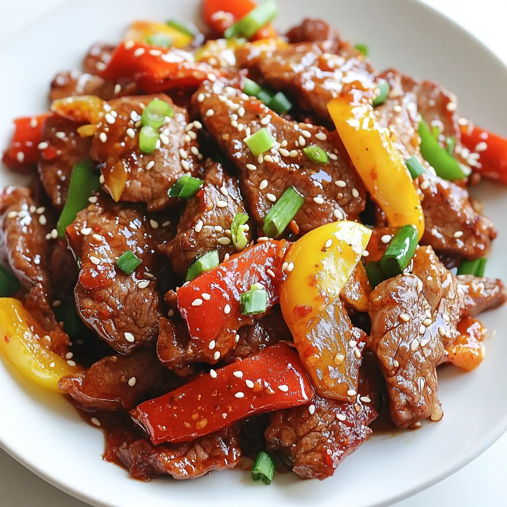 - 500g flank steak, thinly sliced - 1 red bell pepper, sliced - 1 green bell pepper, sliced - 3 garlic cloves, minced - 1 inch piece of ginger, minced - 1 tablespoon soy sauce - 1 tablespoon sesame oil - 2 tablespoons cornstarch - 2 tablespoons chili paste (adjust to taste) - 1 tablespoon honey - Sesame seeds for garnish Crispy chilli beef starts with fresh, high-quality ingredients. I love using flank steak because it’s tender and tasty. Slice it thinly to help it cook fast and evenly. Bell peppers add color and crunch. Use both red and green for a nice mix. Garlic and ginger elevate the dish with deep, warm flavors. For the marinade, soy sauce and sesame oil are key. They give the beef a rich taste. Cornstarch is essential too; it helps the beef get that perfect crispy coating. For seasoning, I use chili paste for heat and honey for sweetness. Finally, sprinkle sesame seeds on top. They add a lovely crunch and look great on the plate. {{ingredient_image_1}} Start by slicing the flank steak thinly. This helps it cook fast and stay tender. In a bowl, mix the beef with soy sauce, sesame oil, salt, and pepper. Make sure all the slices get coated. Let it sit for about 15 to 20 minutes. This marination adds flavor and helps the beef stay juicy. After marinating, add cornstarch to the beef. Sprinkle it evenly over the slices. The cornstarch is key for that crispy texture we all love. It creates a nice crust when we fry the beef. Make sure each slice is well-coated for the best results. Heat a good amount of vegetable oil in a large pan over medium-high heat. You want enough oil to cover the bottom. Once hot, carefully add the coated beef in batches. Don’t overcrowd the pan! Fry each batch for about 3 to 4 minutes until golden brown and crispy. Once done, remove and drain on paper towels to get rid of excess oil. In the same pan, you should have a bit of oil left. If there’s too much, pour some out. Add minced garlic and ginger first. Sauté them for about 30 seconds until they smell great. Then toss in the sliced bell peppers. Stir-fry for about 2 to 3 minutes. You want them tender but still a bit crisp. Now it’s time to bring it all together! Add the crispy beef back into the pan with the veggies. Stir in the chili paste and honey. Mix everything well until every piece is coated. Cook for just another minute to warm it up. Finally, transfer your crispy chilli beef to a serving plate. For a nice touch, sprinkle sesame seeds on top. This adds a bit of crunch and looks great! Enjoy your meal, and don't forget to share the recipe! To make your crispy chilli beef extra crunchy, use cornstarch. After marinating the beef, coat it well with cornstarch. This creates a great barrier for frying. Make sure the oil is hot enough before you add the beef. If the oil is too cool, the beef will not crisp up. Fry in small batches to avoid overcrowding the pan. Each piece should have space to fry and get crispy. If you like heat, adjust the chili paste in your dish. Start with 2 tablespoons for a nice kick. If you want more spice, add more chili paste a teaspoon at a time. Taste as you go to find your perfect spice level. This way, you can enjoy the dish just how you like it. Crispy chilli beef pairs well with many sides. Serve it over steamed rice or noodles for a filling meal. You can also add a fresh salad or some pickled vegetables for crunch. For drinks, try a light beer or a sweet iced tea. These options will balance the spice of the beef nicely. Pro Tips Marinate for Flavor: Allowing the beef to marinate for at least 20 minutes not only enhances the flavor but also tenderizes the meat. Temperature is Key: Ensure the oil is hot enough before frying to achieve that perfect crispy texture. A good test is to drop in a small piece of beef; if it sizzles immediately, the oil is ready. Batch Frying: Fry the beef in batches to avoid overcrowding the pan, which can lower the oil temperature and result in soggy beef. Adjust Spice Levels: Feel free to adjust the amount of chili paste based on your heat preference. Start with less and gradually add more to suit your taste. {{image_2}} You can swap beef for other proteins. Chicken works great here. Use thin slices of chicken breast. Tofu is another option. It absorbs flavor well and stays tender. Make sure to press tofu to remove extra water. This helps it crisp nicely when cooked. Add more veggies for color and taste. Broccoli, carrots, or snap peas add crunch. You can also try mushrooms for a unique twist. Mix and match your favorites. Just remember to cut them into similar sizes for even cooking. This keeps all your veggies tender-crisp. If you need a gluten-free dish, use tamari instead of soy sauce. It has the same rich flavor without gluten. For the cornstarch, ensure it’s labeled gluten-free. You can also use rice flour for a different texture. This keeps your dish safe and tasty. To keep your crispy chilli beef fresh, follow these steps: - Allow the dish to cool to room temperature. - Store in an airtight container. - Place it in the fridge. - Consume within 2-3 days for the best taste. Keeping the beef in a single layer helps avoid sogginess. If you have more than one serving, separate layers with parchment paper. To reheat crispy chilli beef while keeping it crispy, use these methods: - Oven Method: Preheat your oven to 350°F (175°C). Spread the beef on a baking sheet. Bake for 10-15 minutes until heated through and crispy. - Skillet Method: Heat a non-stick skillet over medium heat. Add the beef in a single layer. Cook for 3-5 minutes, flipping once until warmed and crisp. Avoid using a microwave, as it can make the beef soggy. If you want to freeze crispy chilli beef, follow these steps: - Let the beef cool completely. - Place it in a freezer-safe bag or container. - Remove as much air as possible before sealing. - Label with the date and freeze for up to 3 months. To thaw, move it to the fridge overnight. Reheat as described above for the best results. The best cut is flank steak. It is tender and has good flavor. Flank steak slices thinly and cooks quickly. You can also use sirloin if you prefer. Both cuts work well for this dish. Yes, you can prep it ahead. Marinate the beef in the fridge for up to 24 hours. This adds more flavor. You can also cook the beef and veggies in advance. Just store them separately in airtight containers. When ready to eat, reheat them on the stove. This dish pairs well with rice or noodles. You can serve it with steamed white rice or fried rice. For a fresh touch, try a simple salad on the side. You can also add some spring rolls for extra crunch. The spice level depends on the chili paste used. Two tablespoons give it a nice kick. If you prefer a milder dish, reduce the chili paste. You can always add more spice later if you like it hot. Adjust the heat to fit your taste! Crispy chilli beef is a fun and tasty dish. We started with the main ingredients like flank steak, bell peppers, and garlic. Then, we mixed a delicious marinade and seasoned the dish for extra flavor. I shared tips for cooking and serving it perfectly. Remember, you can switch proteins or veggies to suit your taste. With the right steps, you can enjoy this dish anytime. Try it out and make it your own!