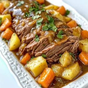 - Chuck roast (3 to 4 pounds) - Carrots, cut into chunks (4 large) - Potatoes, cubed (4 medium) - Onion, quartered (1 large) - Garlic, minced (4 cloves) - Beef broth (2 cups) - Worcestershire sauce (2 tablespoons) - Soy sauce (1 tablespoon) - Dried thyme (2 teaspoons) - Dried rosemary (1 teaspoon) - Salt and pepper to taste - Cornstarch (2 tablespoons) - Water (2 tablespoons) Gather these ingredients for a great pot roast. The chuck roast gives a rich flavor. Use fresh veggies for great taste. The broth adds depth, while Worcestershire and soy sauce enhance it. Thyme and rosemary bring a lovely aroma. If you want thicker gravy, keep cornstarch and water handy. This mix will help create a smooth sauce. Remember, using quality ingredients makes all the difference. Enjoy the process of cooking and the delicious meal that follows! {{ingredient_image_1}} - First, season the chuck roast with salt and pepper on all sides. This step adds flavor. - Next, heat a large skillet over medium-high heat. Sear the roast for about 3-4 minutes on each side. This browning gives it a nice crust. - Once browned, transfer the roast into the slow cooker. - In the same skillet, add the chopped onions and minced garlic. Cook these for about 2 minutes until they smell great. - Now, pour in the beef broth, Worcestershire sauce, and soy sauce. Scrape the bottom of the skillet to deglaze it. This step lifts the tasty bits from the pan. - Pour the aromatic mixture over the roast in the slow cooker. - Add the chopped carrots and cubed potatoes. Sprinkle in the dried thyme and rosemary. - Cover the slow cooker and set it to low for 8 hours or high for 4 hours. The meat should be fork-tender when it's done. - If you want a thicker gravy, mix cornstarch and water in a small bowl to create a slurry. - About 30 minutes before serving, add the slurry to the slow cooker and stir gently. This will help the gravy thicken nicely. - Once cooked, carefully remove the roast and vegetables from the slow cooker. Let them rest for about 10 minutes. - Slice the roast against the grain. Arrange it on a large serving platter with the carrots and potatoes. - Drizzle some of the gravy over the top and enjoy! For a pretty touch, sprinkle fresh parsley on the dish. To make a great pot roast, use a low and slow cooking method. This means cooking the meat at a low heat for a long time. It helps break down the tough fibers, making the roast tender. I recommend using a chuck roast. It has lots of flavor and is perfect for slow cooking. Adding extra herbs and spices can boost the taste. Try using bay leaves or a pinch of paprika for warmth. If you like it spicy, add some crushed red pepper. Adjust the salt and pepper to suit your taste. Always taste the gravy before serving to get it just right. When choosing a slow cooker, look for one with a large capacity. A 6-quart model works well for a pot roast. I also like to have a good knife for slicing the meat. A sturdy cutting board helps when prepping the veggies. These tools make the cooking process smooth and enjoyable. Pro Tips Choose the Right Cut: For the best flavor and tenderness, use a well-marbled cut like chuck roast. The fat will render during cooking, keeping the meat moist. Don't Skip the Sear: Searing the roast before adding it to the slow cooker enhances the flavor significantly by creating a rich brown crust. Add Vegetables Wisely: Layer the vegetables underneath the roast to ensure they absorb all the delicious juices and flavors from the meat. Rest Before Serving: Allow the roast to rest for at least 10 minutes after cooking. This helps the juices redistribute, resulting in a juicier, more flavorful roast. {{image_2}} You can change the root vegetables in this recipe. Instead of carrots, try parsnips or turnips. They add a nice twist to the flavor. You might also want to add seasonal veggies. In summer, zucchini and bell peppers work well. In fall, consider adding butternut squash or sweet potatoes. Each option can bring new tastes and textures to your pot roast. To boost the flavor, try making a red wine reduction sauce. This adds a rich taste that pairs well with the roast. You can also switch up the broth. Using chicken broth or a vegetable broth can change the flavor completely. Each broth brings its unique notes to the dish. If you need a gluten-free meal, use gluten-free sauces. There are great options for Worcestershire sauce and soy sauce. Check the labels to be sure. For those watching sodium, low-sodium broth works well. You can also skip the soy sauce or use a lower-sodium alternative. These simple swaps let everyone enjoy the dish without worry. To keep your pot roast fresh, cool it first. Then, place it in airtight containers. Store the roast and vegetables separately for best results. Use glass or plastic containers with tight lids. Label them with the date to track freshness. To freeze pot roast, slice it first. This helps it freeze more evenly. Place the slices in freezer bags. Remove as much air as you can. For gravy, use a separate container. Thaw the roast overnight in the fridge before reheating. To keep the roast moist, reheat it slowly. You can use the oven at 300°F. Add a splash of broth to the dish. Cover it with foil to trap moisture. For microwave reheating, use a microwave-safe dish. Place a damp paper towel over it to keep it juicy. Always check the temperature before serving. Cooking times vary based on the heat setting. On low, the pot roast takes about 8 hours. If you choose high, it cooks in about 4 hours. Both methods yield tender meat, just with different times. Yes, you can use frozen meat. However, it’s best to thaw it first for even cooking. If you cook from frozen, add an extra hour to your cooking time. Always check the meat's internal temperature for safety. Pot roast pairs well with many sides. Here are some great options: - Mashed potatoes - Steamed green beans - Roasted Brussels sprouts - Fresh salad These sides add color and balance to your meal. Check for tenderness. The meat should easily pull apart with a fork. Use a meat thermometer; it should read at least 145°F (63°C). If it’s not tender yet, give it more time to cook. In this article, we explored the key ingredients for a delicious slow cooker pot roast, from the meat to the veggies and seasonings. I shared step-by-step instructions to guide you through cooking. Tips and tricks help you achieve perfect tenderness and flavor. Plus, I discussed variations to suit your tastes and dietary needs. Finally, I covered storage info to keep your leftovers fresh. Enjoy creating your pot roast masterpiece! You’ll love the comforting taste it brings to your table.