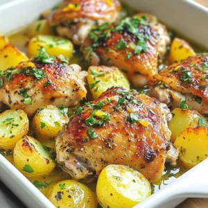 - 4 boneless, skinless chicken thighs - Salt and pepper to taste - 4 medium-sized Yukon gold potatoes, quartered - Olive oil for coating - 3 tablespoons olive oil - 1 lemon (zest and juice) - 3 cloves garlic, minced - 1 teaspoon dried oregano - 1 teaspoon dried thyme - 1 teaspoon smoked paprika - Fresh parsley for garnish When I make One-Pan Chicken and Potatoes, I start with fresh chicken thighs. They are juicy and full of flavor. I season them with salt and pepper. This simple step makes a big difference. Next, I choose Yukon gold potatoes. They are creamy and sweet. I cut them into quarters, which helps them cook evenly. A light coat of olive oil keeps them from sticking. The marinade is where the magic happens. I blend olive oil, lemon zest, and juice in a bowl. The lemon adds brightness. I then mix in minced garlic, oregano, thyme, and smoked paprika. This mix gives the chicken a zesty kick. I always let the chicken marinate for about 15 minutes. This allows the flavors to soak in. While the chicken rests, I prepare the potatoes. I toss them with olive oil, salt, and pepper. They will roast nicely alongside the chicken. Finally, I garnish with fresh parsley before serving. This adds a pop of color and flavor. Each bite is a delicious mix of juicy chicken and tender potatoes. It's simple yet satisfying. {{ingredient_image_1}} - Preheat oven to 425°F (220°C). - In a large bowl, mix olive oil, lemon zest, lemon juice, garlic, oregano, thyme, smoked paprika, salt, and pepper. - Add the chicken thighs to the bowl. - Coat them well with the marinade. - Let the chicken marinate for about 15 minutes. - In another bowl, toss the quartered potatoes. - Use olive oil, salt, and pepper to coat them well. - Spread the marinated chicken on one side of a baking sheet. - Place the seasoned potatoes next to the chicken. - Make sure there is space between them for even cooking. - Bake in the oven for about 30 minutes. - Check that the chicken reaches an internal temperature of 165°F (74°C). - The potatoes should be golden and tender. - Best practices for marinating: Marinate your chicken for at least 15 minutes. This helps the meat soak up the flavors. Use a bowl that allows the chicken to sit in the marinade. Flip it halfway to ensure even coating. - Tips for checking doneness: The best way to check if the chicken is done is by using a meat thermometer. Aim for 165°F (74°C). If you don’t have one, cut into the thickest part. The meat should look white and juices should run clear. - Methods to achieve crispy edges: Start with dry potatoes. Pat them with a towel to remove moisture. Toss them in olive oil and seasonings. Bake at a high heat for the best crunch. - Importance of spacing on the baking sheet: Give the potatoes space on the baking sheet. Crowding them leads to steaming, not crisping. Make sure they are in a single layer for even cooking. - Adding herbs or spices for additional flavor: You can try adding fresh herbs like rosemary or thyme. A pinch of chili powder can also add a nice kick. Mix these into the marinade for extra taste. - Suggestions for a zesty kick: Squeeze some extra lemon juice over the chicken and potatoes before serving. You can also add a dash of hot sauce for a spicy twist. Pro Tips Marinate Longer for More Flavor: If time allows, marinate the chicken thighs for up to an hour or even overnight in the refrigerator. This will enhance the flavor and juiciness of the chicken. Use a Meat Thermometer: To ensure the chicken is perfectly cooked, use a meat thermometer to check for an internal temperature of 165°F (74°C). This minimizes the risk of overcooking. Customize Your Herbs: Feel free to experiment with fresh herbs or different dried herbs according to your taste preferences. Fresh rosemary or basil can add a delightful twist. One-Pan Cleanup: Line your baking sheet with parchment paper or aluminum foil for easy cleanup. This will save you time washing dishes after enjoying your delicious meal. {{image_2}} You can use different chicken cuts for this recipe. Chicken breasts or drumsticks work well. If you choose chicken breasts, slice them in half for even cooking. Drumsticks will take a bit longer to cook. Adjust your baking time to about 35-40 minutes for drumsticks. Always check the internal temperature. It should reach 165°F (74°C) for safety. Feel free to switch up the vegetables. Seasonal veggies add great flavor and nutrition. Try carrots, bell peppers, or zucchini. These veggies pair nicely with chicken. Toss them in olive oil, salt, and pepper before adding them to the pan. This way, they cook just right alongside the chicken and potatoes. Add a twist by using global spices. Try cumin for a warm flavor or curry powder for a kick. You can mix up the marinade too. Use soy sauce for an Asian vibe or chimichurri for a Latin touch. Experimenting with different marinades keeps the dish fresh and exciting. To store leftovers, let them cool first. Place the chicken and potatoes in an airtight container. This keeps them fresh. Store the container in the fridge. You can enjoy leftovers for up to three days. Always check for any signs of spoilage before eating. If you want to freeze the dish, let it cool. Portion it into freezer-safe bags or containers. Remove as much air as possible before sealing. You can freeze it for up to three months. When you're ready to eat, thaw it in the fridge overnight. To reheat, bake it at 350°F (175°C) until hot, or microwave it until warmed through. For easy meal prep, chop the potatoes and marinate the chicken ahead of time. You can store the marinated chicken in the fridge for up to 24 hours. Keep the potatoes in a separate container to avoid sogginess. On a busy day, just assemble and bake. This saves time and makes cooking simple. Yes, you can use frozen chicken thighs. Just remember to thaw them first. Place the frozen chicken in the fridge overnight. If you're in a hurry, you can use the microwave. Make sure to marinate them for a little longer. This will help keep them juicy and flavorful. If you can't find Yukon gold potatoes, don't worry. You can use other types of potatoes. Red potatoes work well because they hold their shape. Russet potatoes are good too but can become fluffy. Sweet potatoes add a nice twist. Just adjust the cooking time based on the size. To check if the chicken is done, use a meat thermometer. The chicken should reach an internal temperature of 165°F (74°C). If you don't have a thermometer, look for clear juices. The meat should no longer be pink. This ensures that it's safe to eat. Yes, you can adapt this recipe for a slow cooker. First, sear the chicken in a pan for extra flavor. Then, place the chicken and potatoes in the slow cooker. Add the marinade, then cook on low for 6-8 hours or high for 3-4 hours. This will keep the chicken tender and moist. In this blog post, we explored a delicious chicken and potato dish. We covered key ingredients, step-by-step instructions, and helpful tips for success. You learned how to marinate chicken, prepare crispy potatoes, and even try variations on the recipe. Storing and reheating tips help keep leftovers fresh. This dish is simple yet packed with flavor. You can enjoy it any night of the week. So grab your ingredients and start cooking. You’ll love the results!